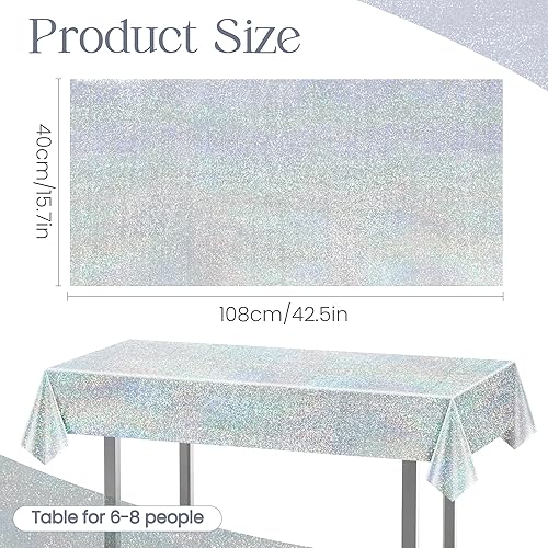 Miniatura 2 de 2 manteles plateados holográficos brillantes con láser de disco, manteles de plástico iridiscente de 40" x 108", funda de mesa blanca para