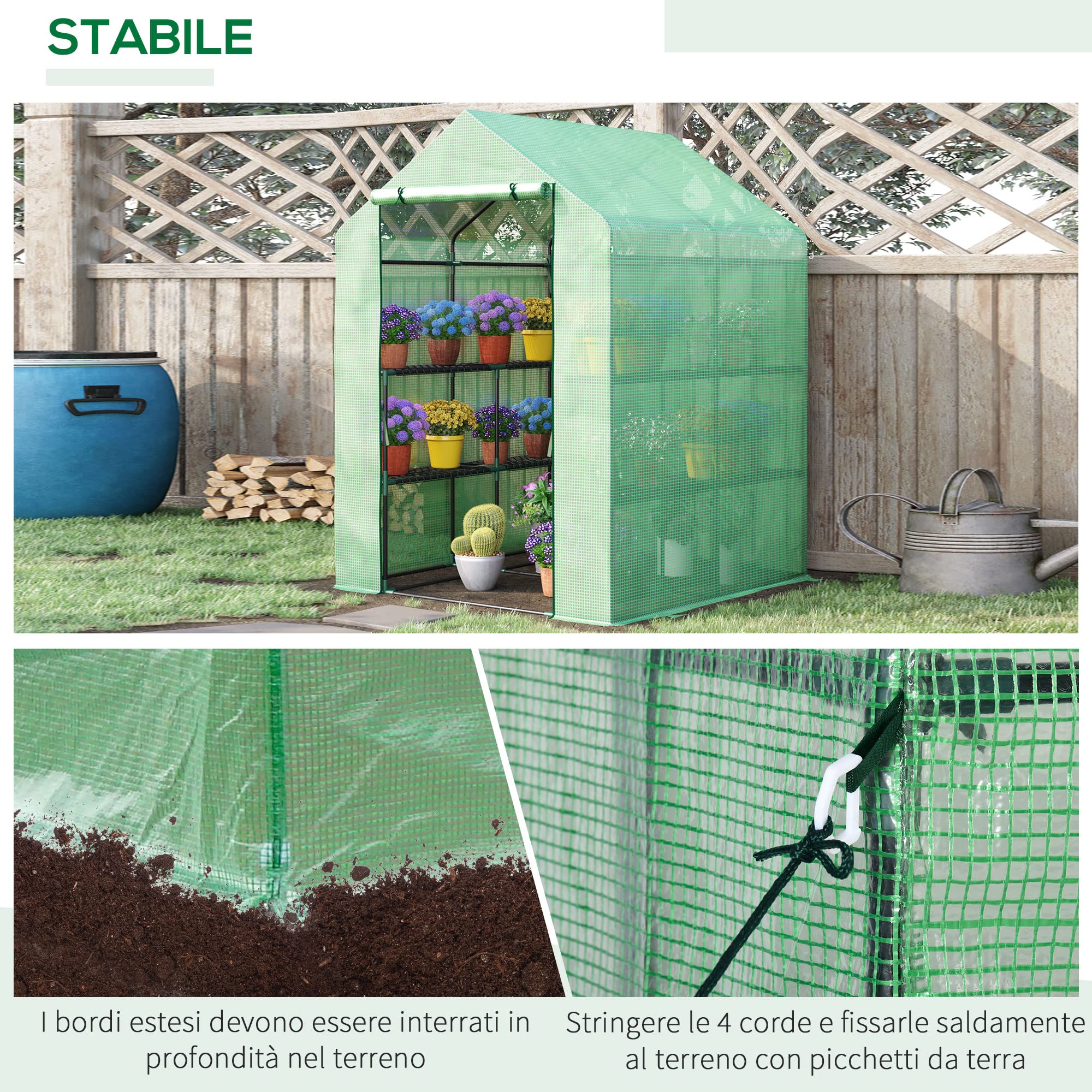 Outsunny Serra da Giardino con Scaffali per Piante, Serra da Balcone con Copertura in PE e Porta Avvolgibile, 143x138x190cm, Verde