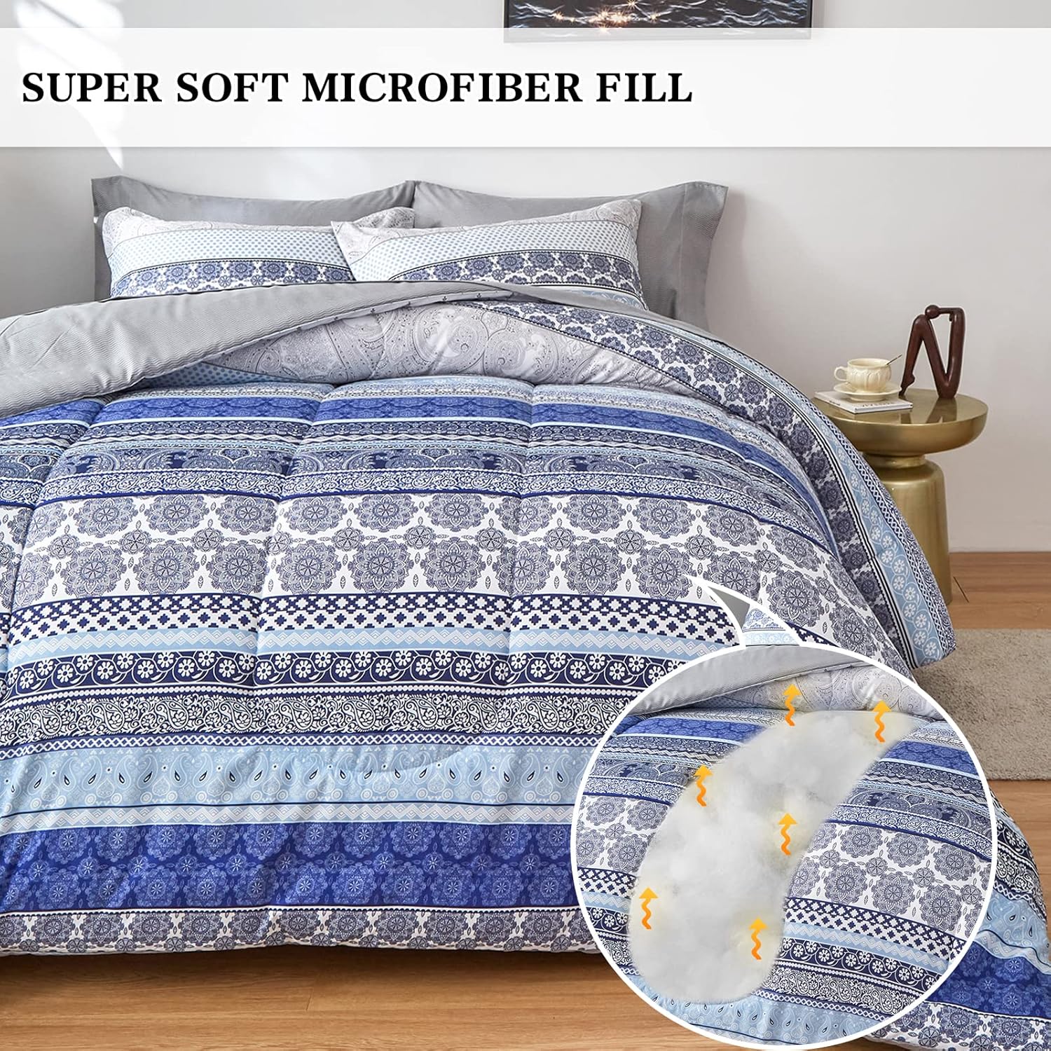 Flysheep Bohemian Striped Bed in a Bag 7 Pieces Queen Size, Boho Blue Grey Geometric Pattern Reversible Bed Comforter Set (1 Comforter, 1 Flat Sheet, 1 Fitted Sheet, 2 Pillow Shams, 2 Pillowcases) - Image 5