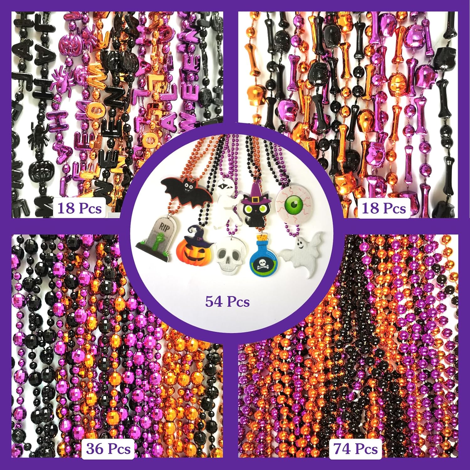 100, 200Pcs Halloween Bead Necklaces Bulk In Multiple-Shapes, Purple Orange Black Beads Necklaces With Pumpkin Ghost Bat Pendants For Halloween Party Decoration