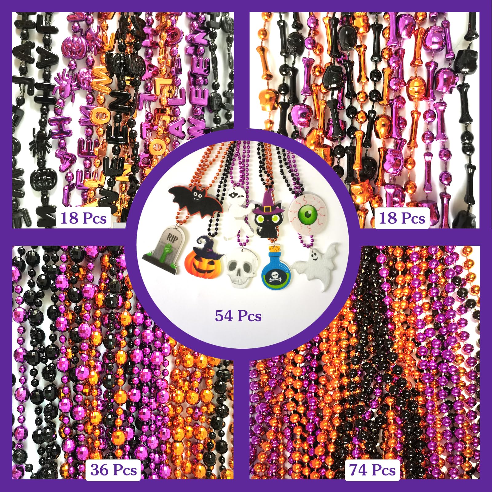 Becfupo 200Pcs Halloween Bead Necklaces Bulk In Multiple-Shapes, Purple Orange Black Beads Necklaces With Pumpkin Ghost Bat Pendants For Halloween Party Favors, Halloween Party Decoration