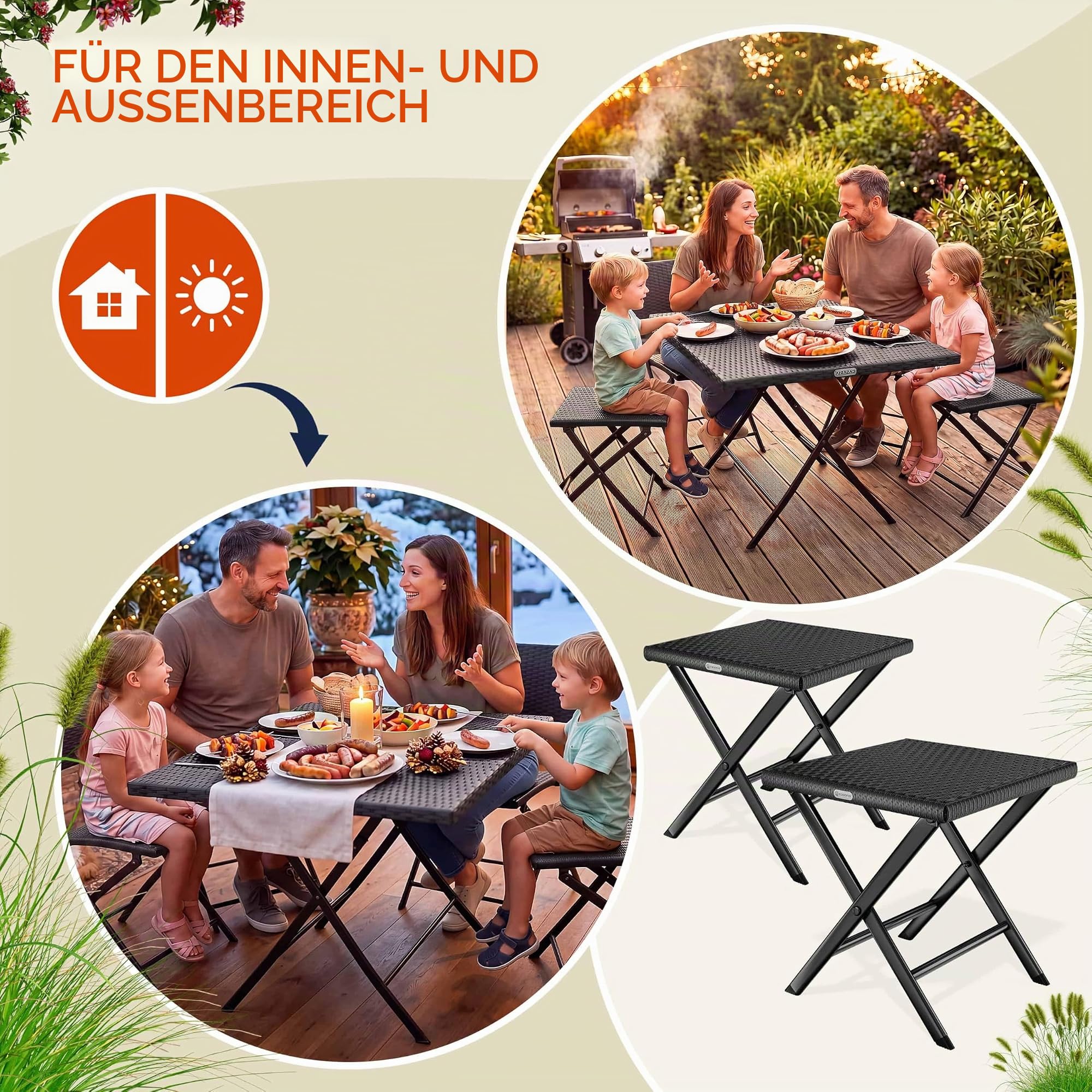 Casaria® Polyrattan Klapphocker 75kg Belastbarkeit 44x40x44cm Klappbar Leicht Tragbar Außen Wetterfest Garten Terrasse Balkon Camping Hocker Schwarz