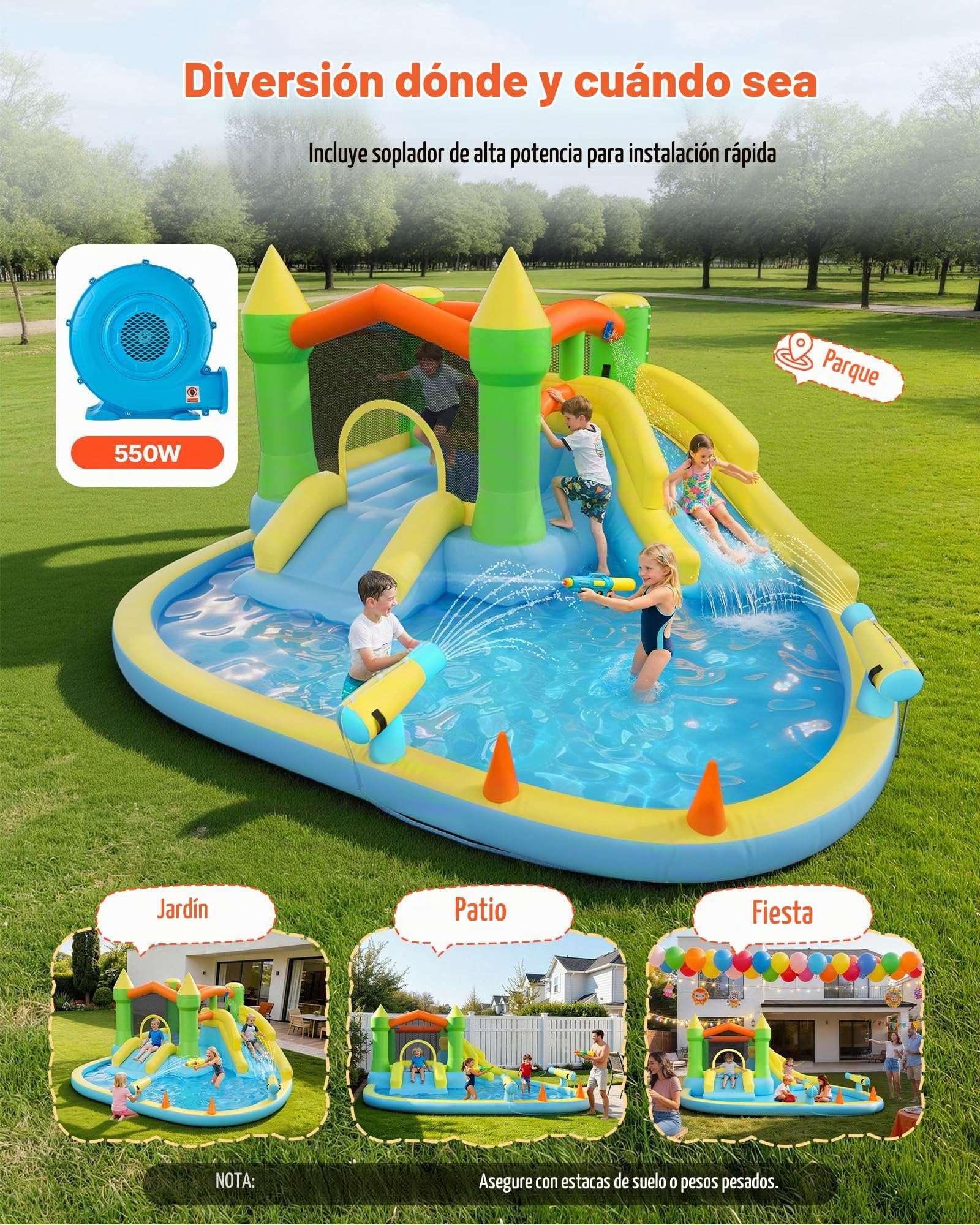 VEVOR Castillo Hinchable con Soplador 382 x 398 x 197 cm, Parque Infantil Inflable con 2 Toboganes Acuáticos, Aro de Baloncesto, Piscina de Chapoteo, Zona de Saltos, para 3 a 4 Niños de 3 a 8 Años