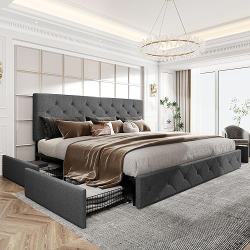 Miniatura 115 de HOOMIC Base de cama de almacenamiento de plataforma de tamaño matrimonial con 4 cajones y cabecera ajustable, listones de madera, no necesita Negro,