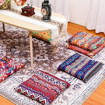 Nuogo 12 Pcs Bohemian Floor Cushions Bulk 15 Inch Boho Floor Sitting Meditation Pillows Yoga Mandala Meditation Pouf for Living Room Balcony Office Tatami(Square)