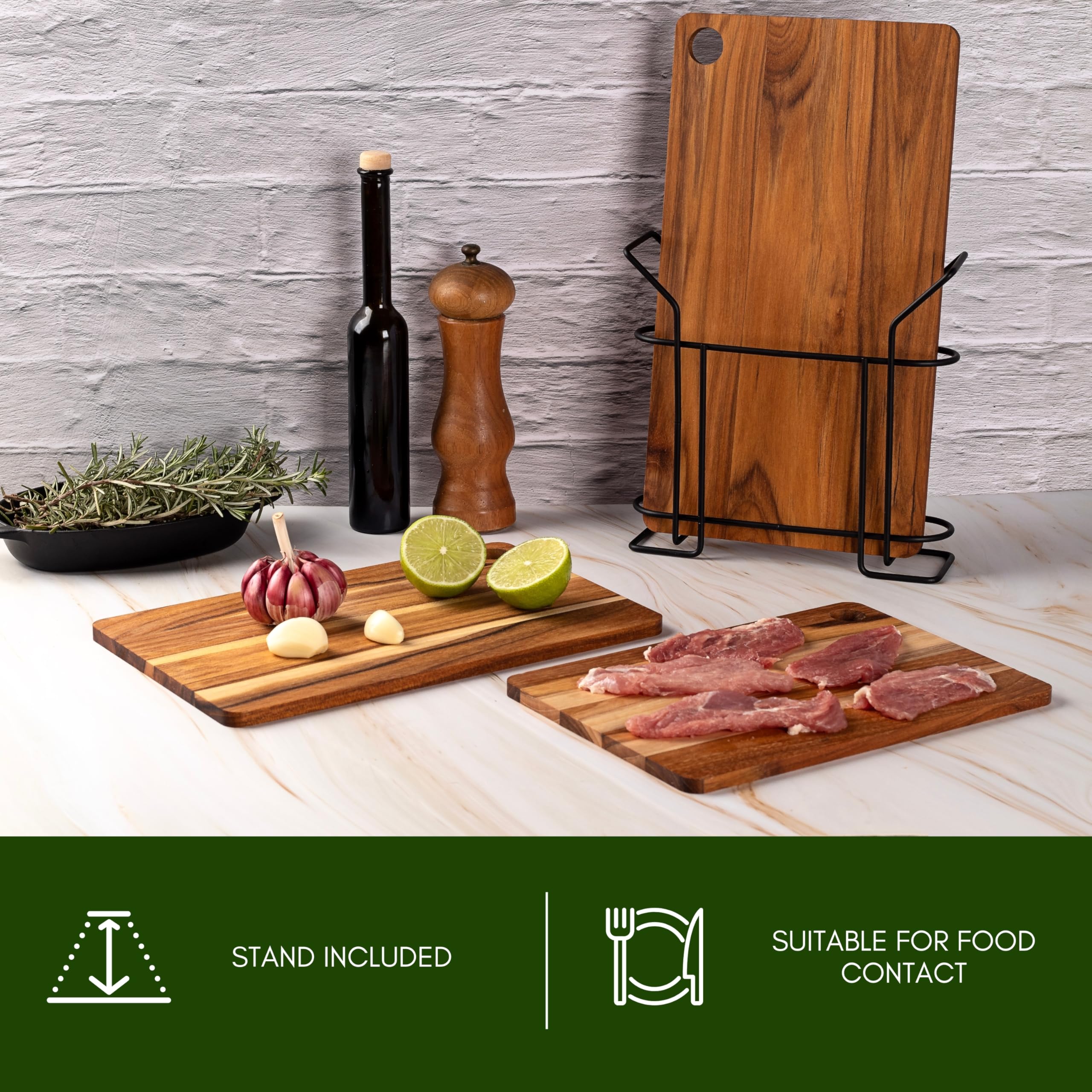 Erreke Set de 3 Tablas Reversibles en Madera de Teca en Diferentes Tamaños, Tabla Cortar Cocina Madera, Soporte Incluído Cocina Barbacoa Servir Carne Queso Pan