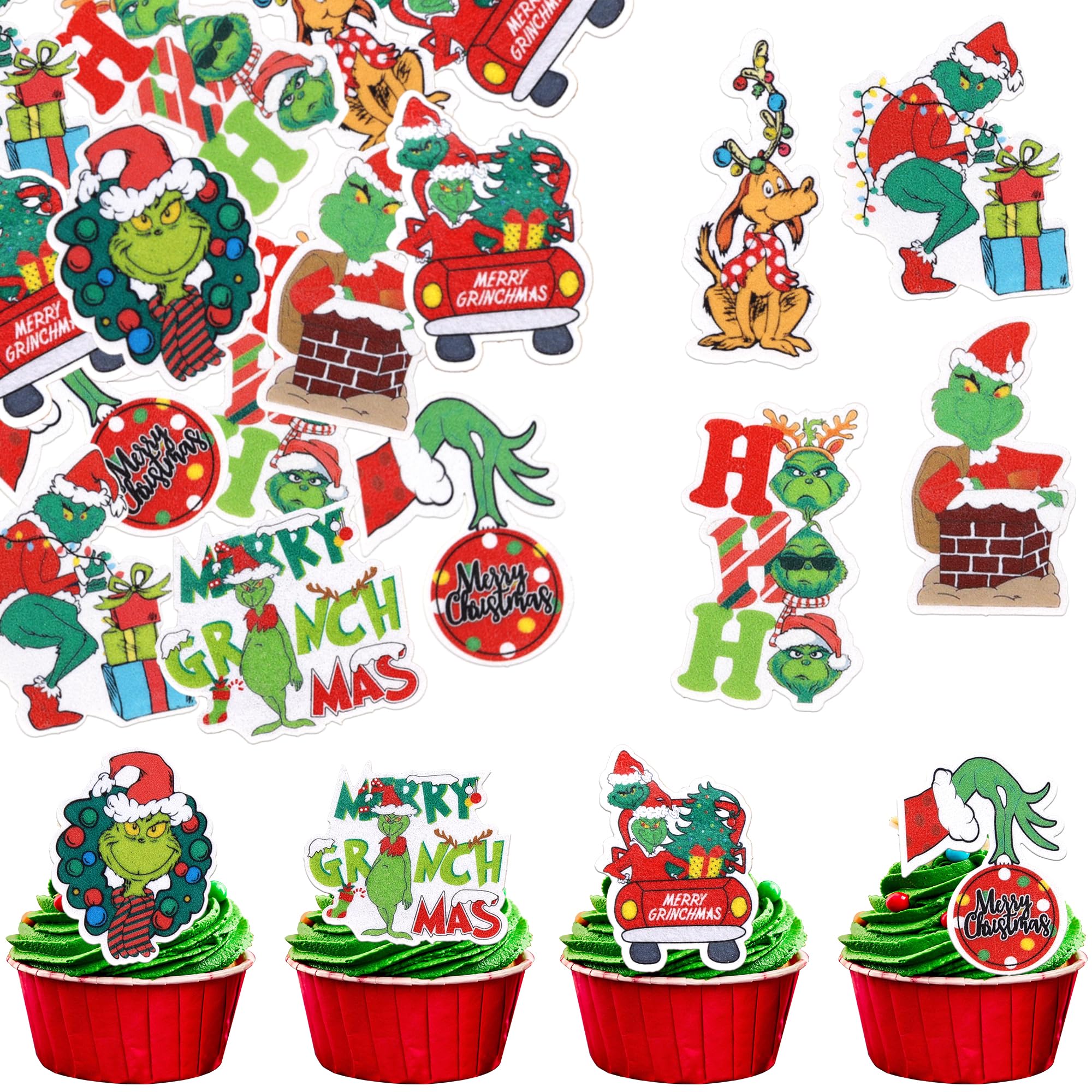 64 Pack Edible Merry Christmas Cupcake Toppers Green Monster Drink Up Hand Cupcake Picks Edible Dog HoHoHo Grass Circle Car Cake Decorations for Merry Christmas Theme Xmas Holiday Party Supplies