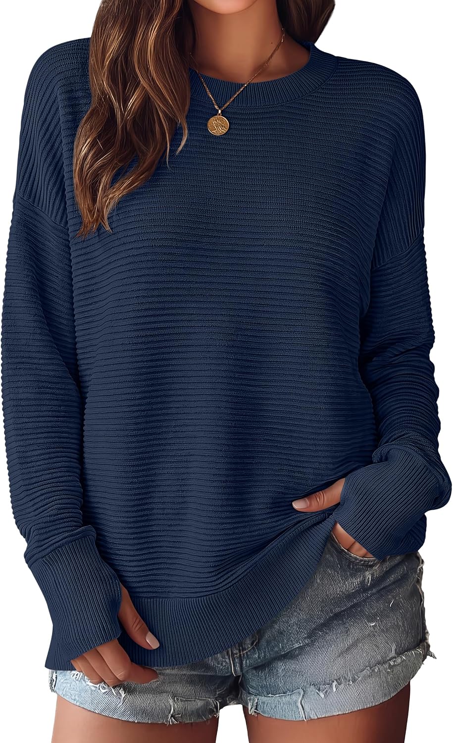 ANRABESS Women Long Sleeve Ribbed Sweaters & Thumb Hole Navy Blue XL