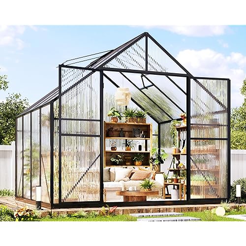Jocisland 7.7x7.7x7 FT Polycarbonate Greenhouse for Outdoors with 2 Windows, Dual Swing Doors, Aluminum Walk-in Frame, Heavy Duty Garden Greenhouse for Backyard, Black