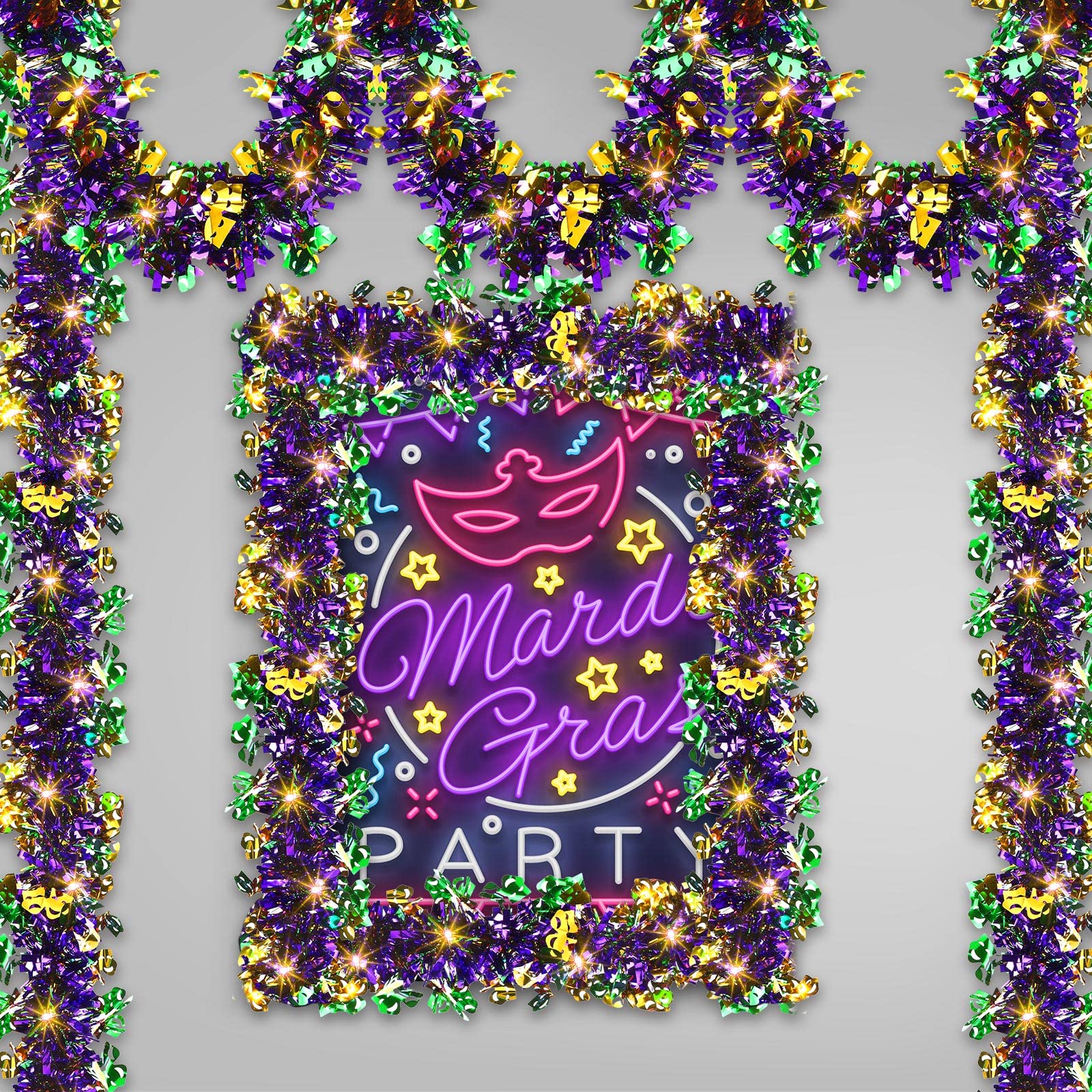 Dingion Ghirlanda di Mardi Gras con 120 luci a LED decorazioni per albero di Mardi Gras metallizzato lucido Mardi Gras Ghirlanda Ornamento per feste di Carnevale Decorazioni per interni ed esterni