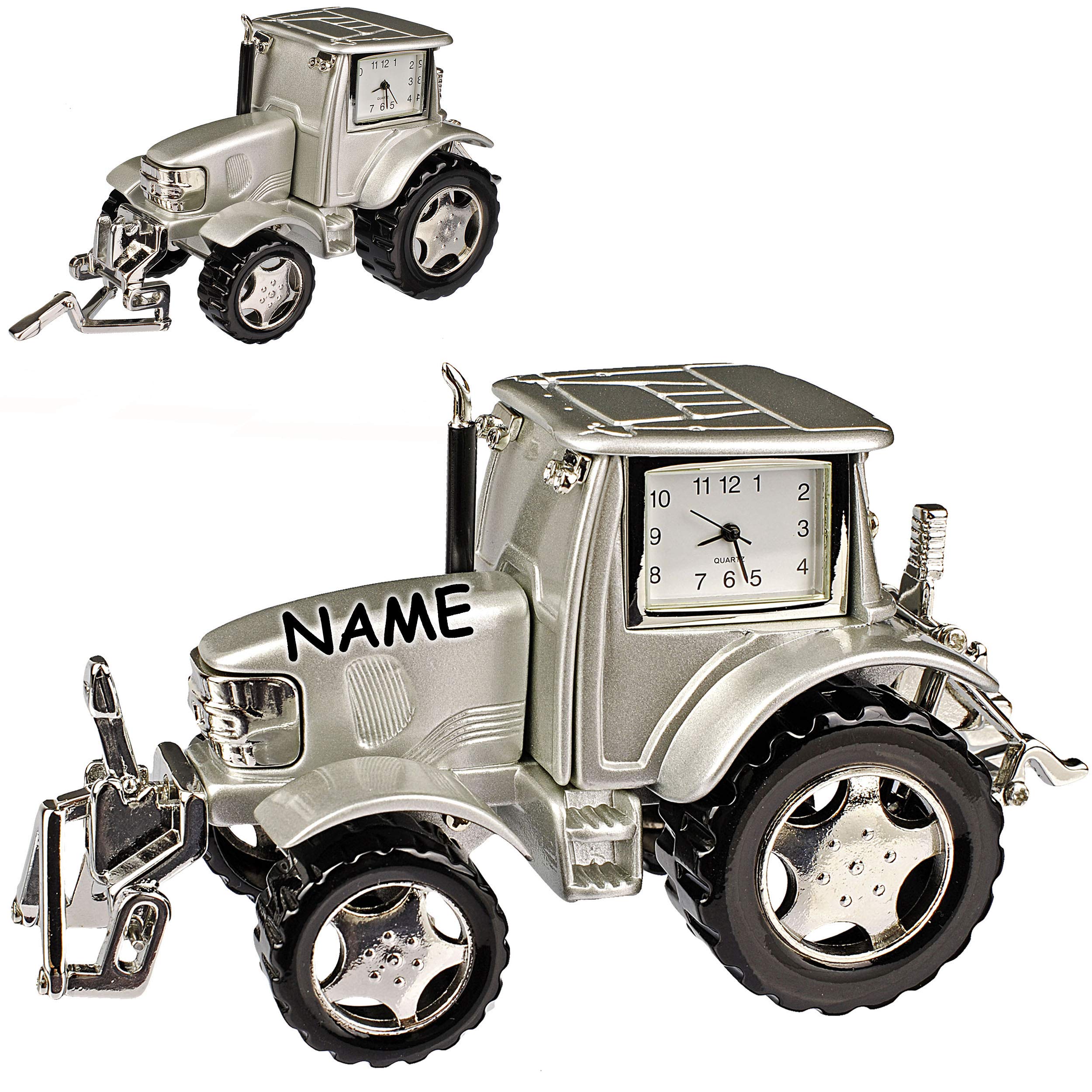 alles-meine.de GmbH kleine - Tischuhr/Miniatur - Uhr - Traktor - Auto - inkl. Name - aus Metall - 12,5 cm - batteriebetrieben - Analog - Batterie - Silber - grau - Zahlen Stehu..