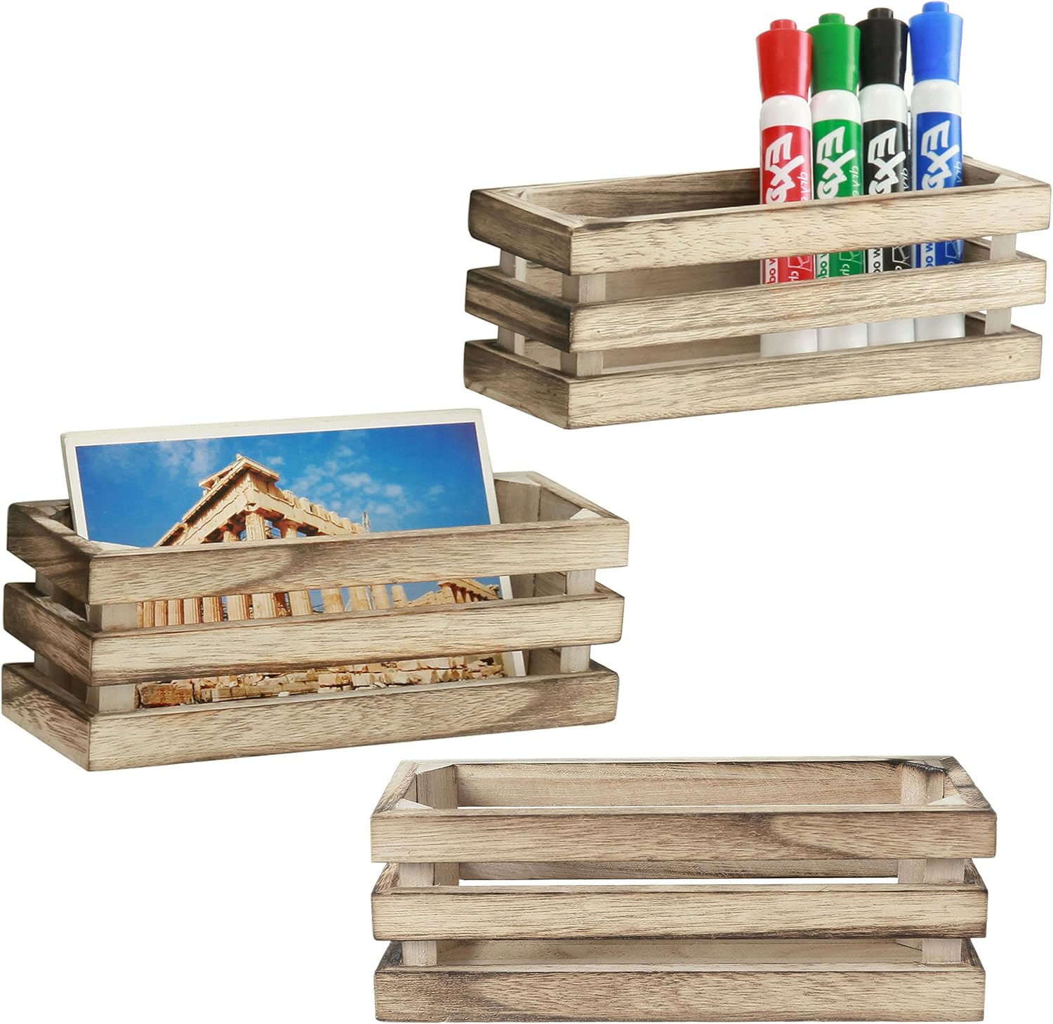 MyGift Magnetic Bins, Set of 3 Magnetic Dry Erase Marker Holder for Whiteboard, Burnt Wood Desktop Office Supplies Organizer Crates