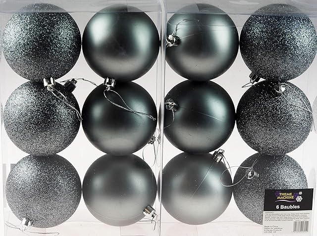 Set Of 12 Large Graphite Grey Christmas Tree Baubles Decorations