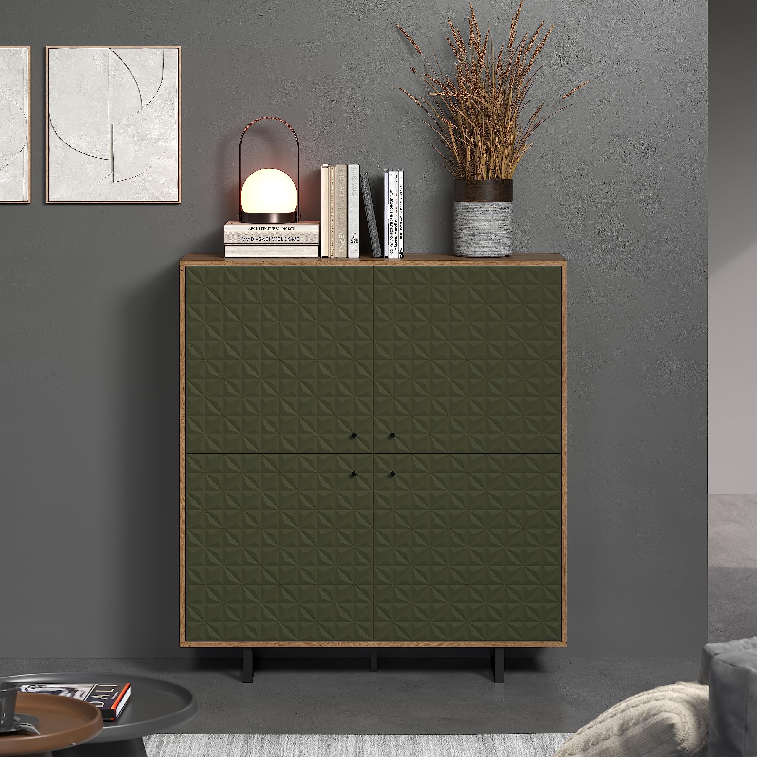 trendteam smart living - Sentra - Highboard - Dunkelgrün/Artisan Eiche - Wohnzimmerschrank mit gefrästen Türen - (BxHxT) 124 x 136 x 40 cm - Metallfüße - kratzfest