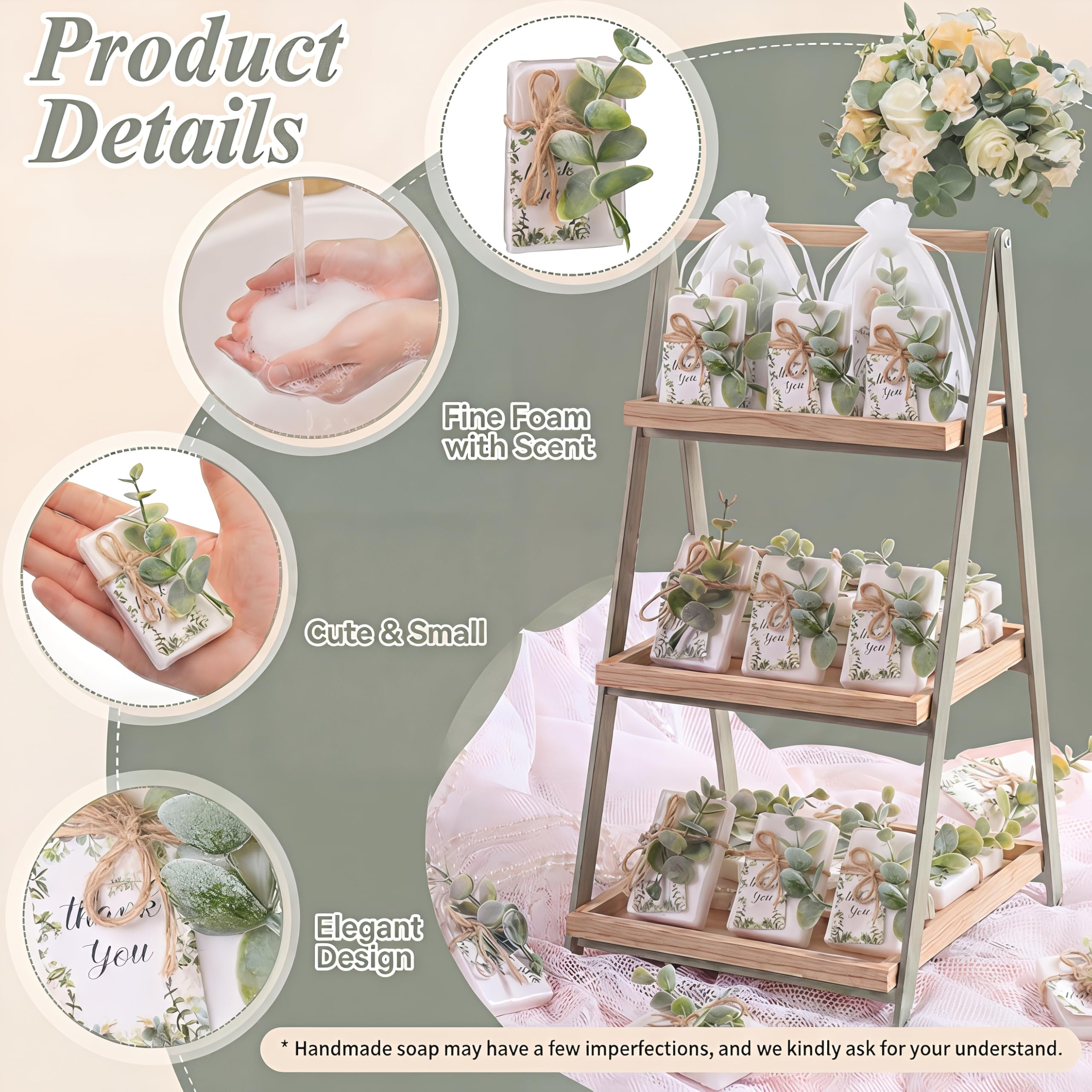 Demissle Lot de 60 mini savons à l'eucalyptus pour fête prénatale, mariage, petits savons pour les mains en vrac avec étiquettes de remerciement, sac en organza, mini verdure pour invités, fête