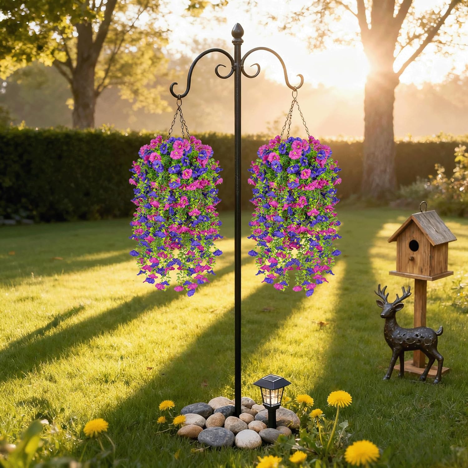 Artificial Faux Hanging Flowers Plants for Outdoors Outside Spring Summer Decoration,4 PCS Morning Glory Fake Flowers UV Resistant Silk for Planter Front Porch Patio Yard Balcony Home（Purple Fuchsia）