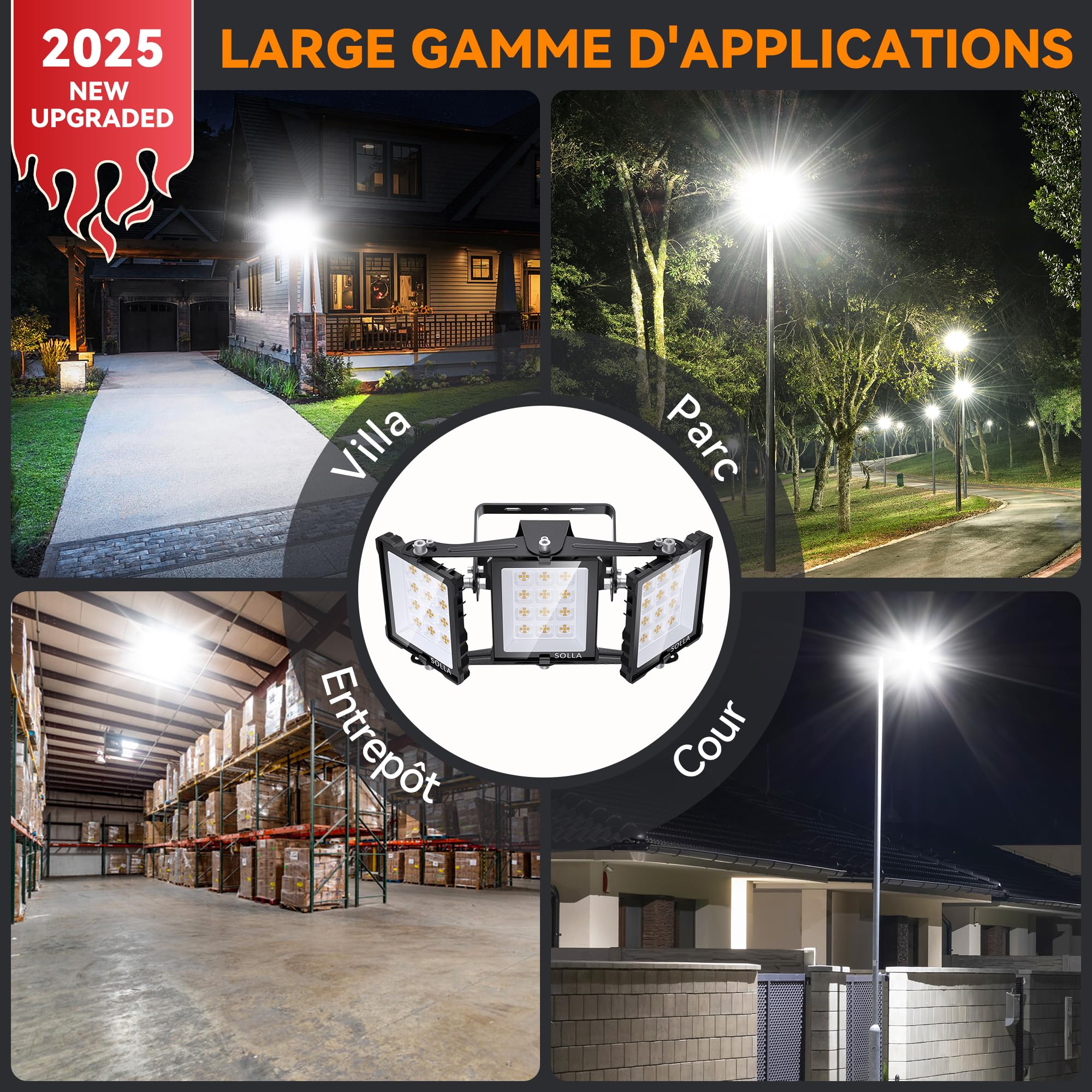 SOLLA 150W 2025 Plus RECIENTEMENTE ACTUALIZADO Foco LED para exteriores, 15000LM 6000K Luz blanca diurna IP66 Resistente al agua, iluminación de estadio, 3 cabezas ajustables Iluminación de seguridad