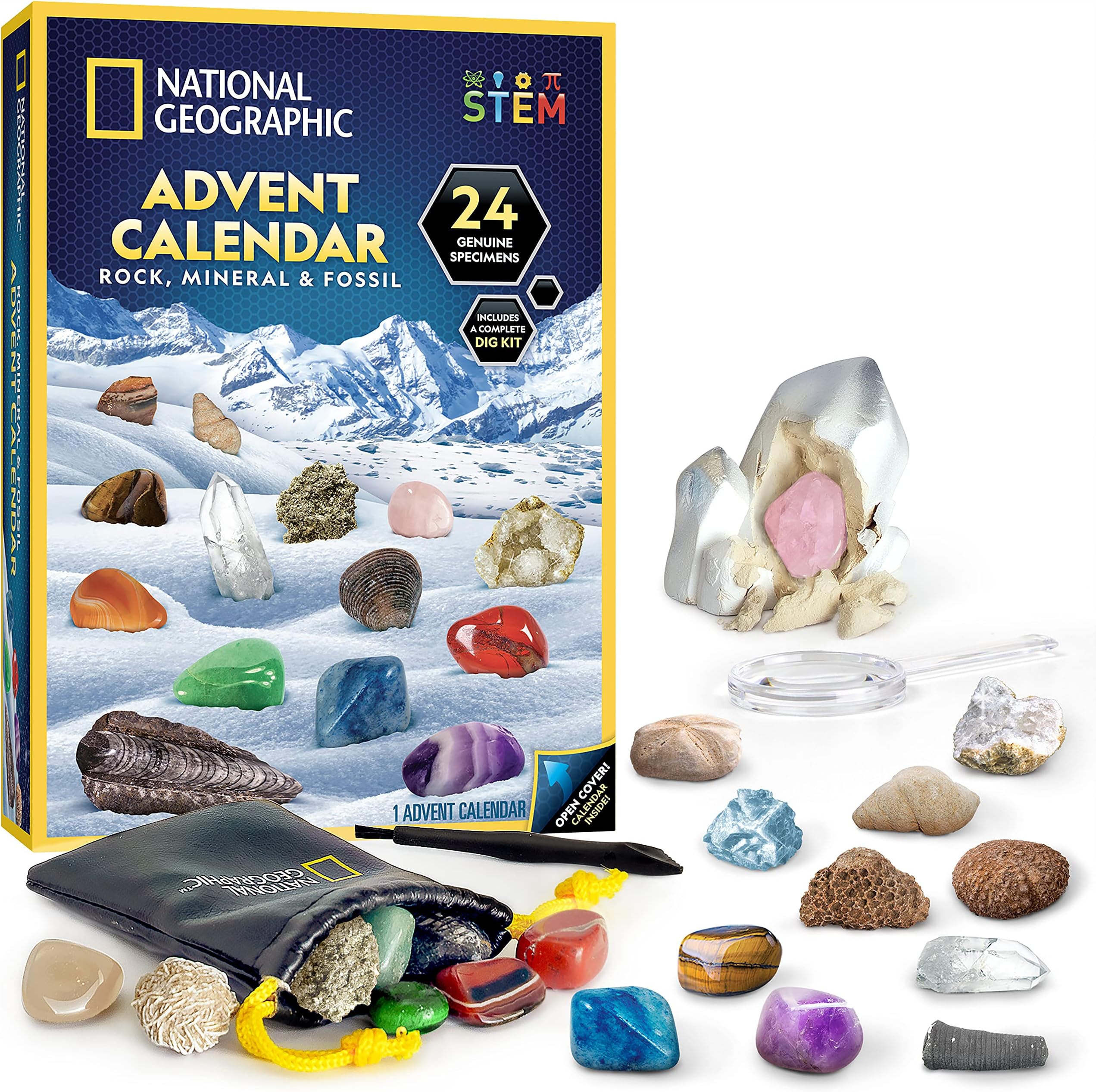 NATIONAL GEOGRAPHIC 2026 Rock Collection Advent Calendar - Countdown Calendar for Kids with 24 Gemstones, Minerals & Fossils for Kids, Complete Gem & Fossil Collection