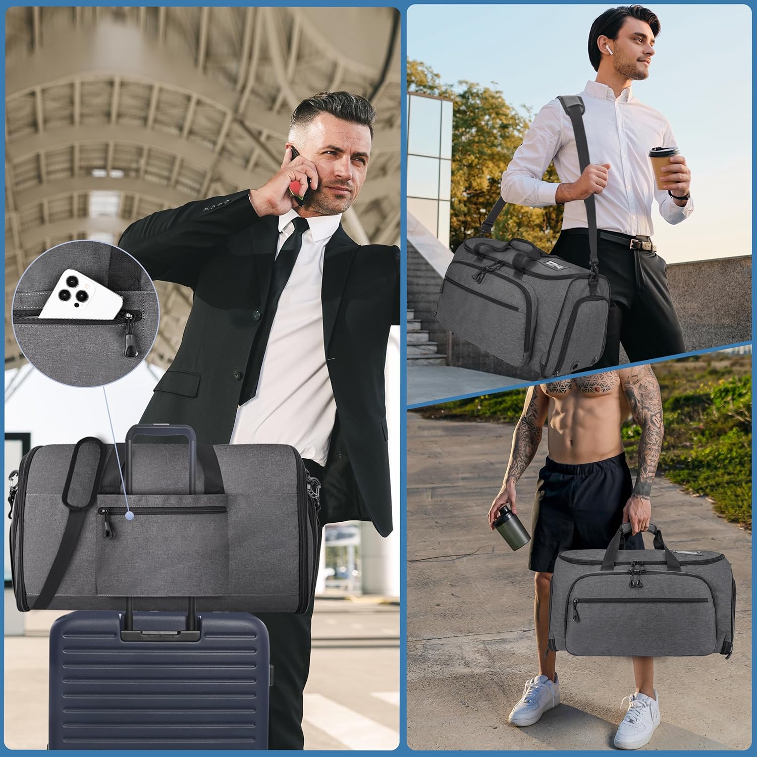 Garment Duffle Bags for Travel, YKK Zippers Carry On Convertible Suit Bag with Waterproof Compartment & Shoe Compartment & Shoulder Strap - Image 7