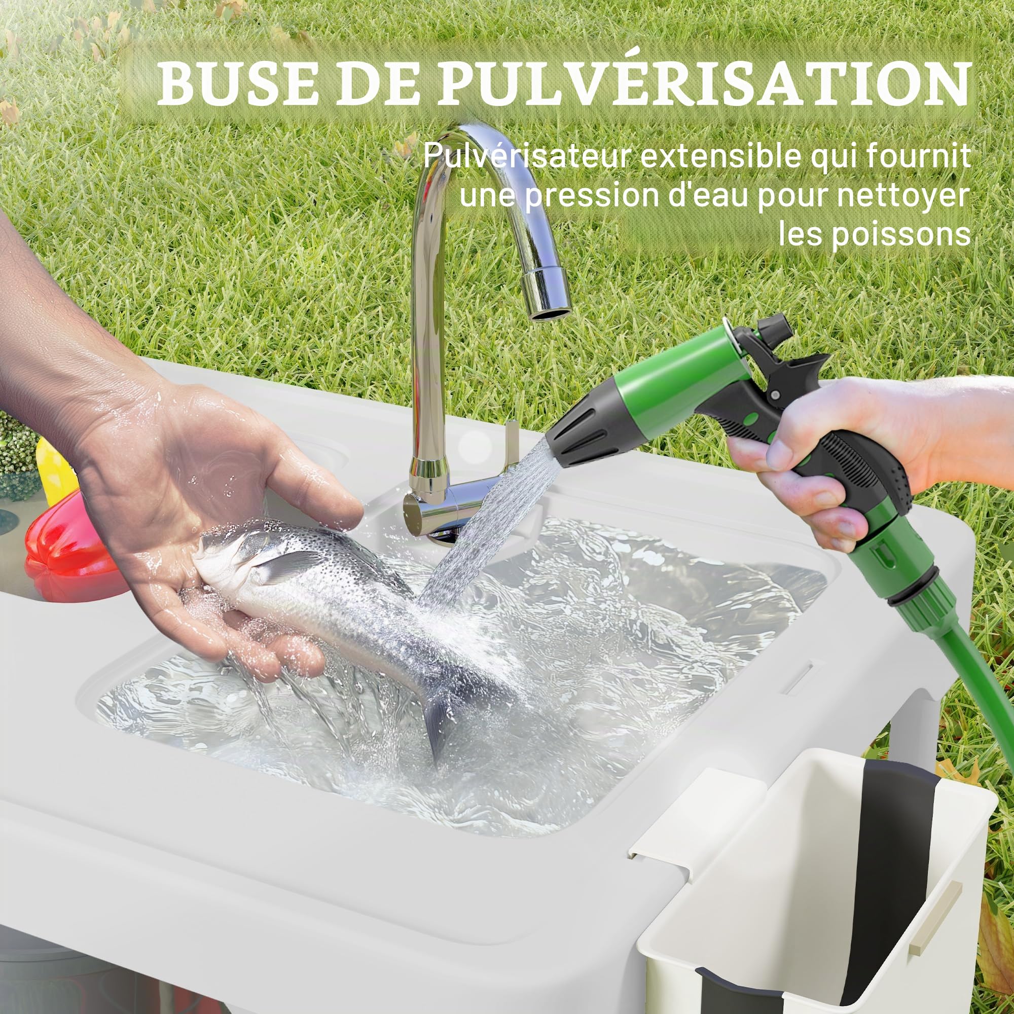 Outsunny Table pour nettoyer les poissons portable Table pliante pour camping avec 2 éviers, tuyau de drainage, station de nettoyage et robinet pour pêche barbecue Blanc