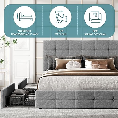 Miniatura 42 de HOOMIC Base de cama de almacenamiento de plataforma de tamaño matrimonial con 4 cajones y cabecera ajustable, listones de madera, no necesita Negro,