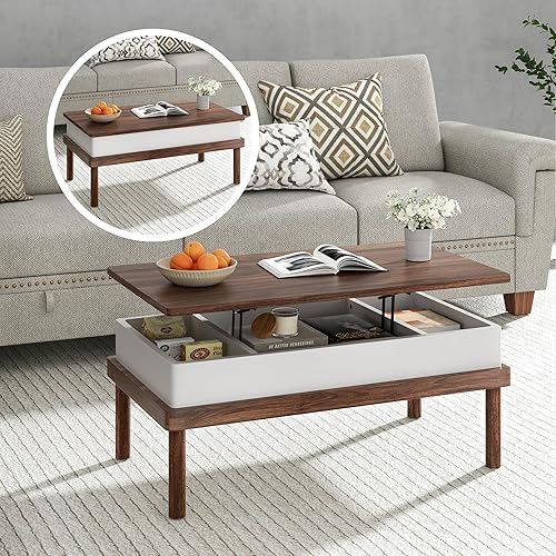 Shintenchi Coffee Table, Lift Top Coffee Table with Hidden Compartment, Rising Tabletop Dining Table, Lift Top Coffee Center Table for for Living Room, Office, Home (Walnut)