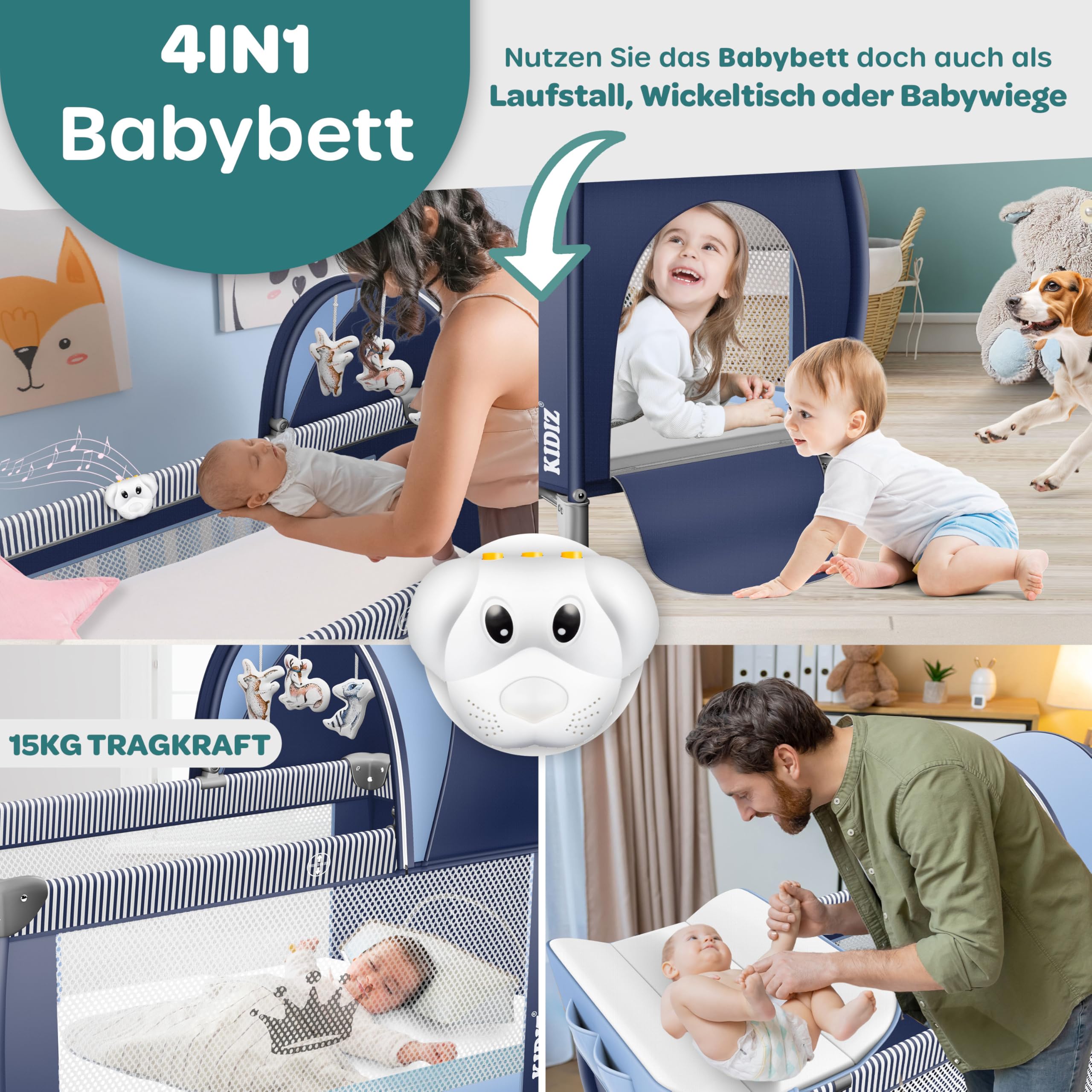KIDIZ® Łóżeczko dziecięce 3 w 1, turystyczne, zestaw kombi, łóżeczko z przewijakiem, moskitiera, kojec, do 15 kg, przewiewne ściany boczne z wejściem bocznym, składana torba transportowa, niebieski