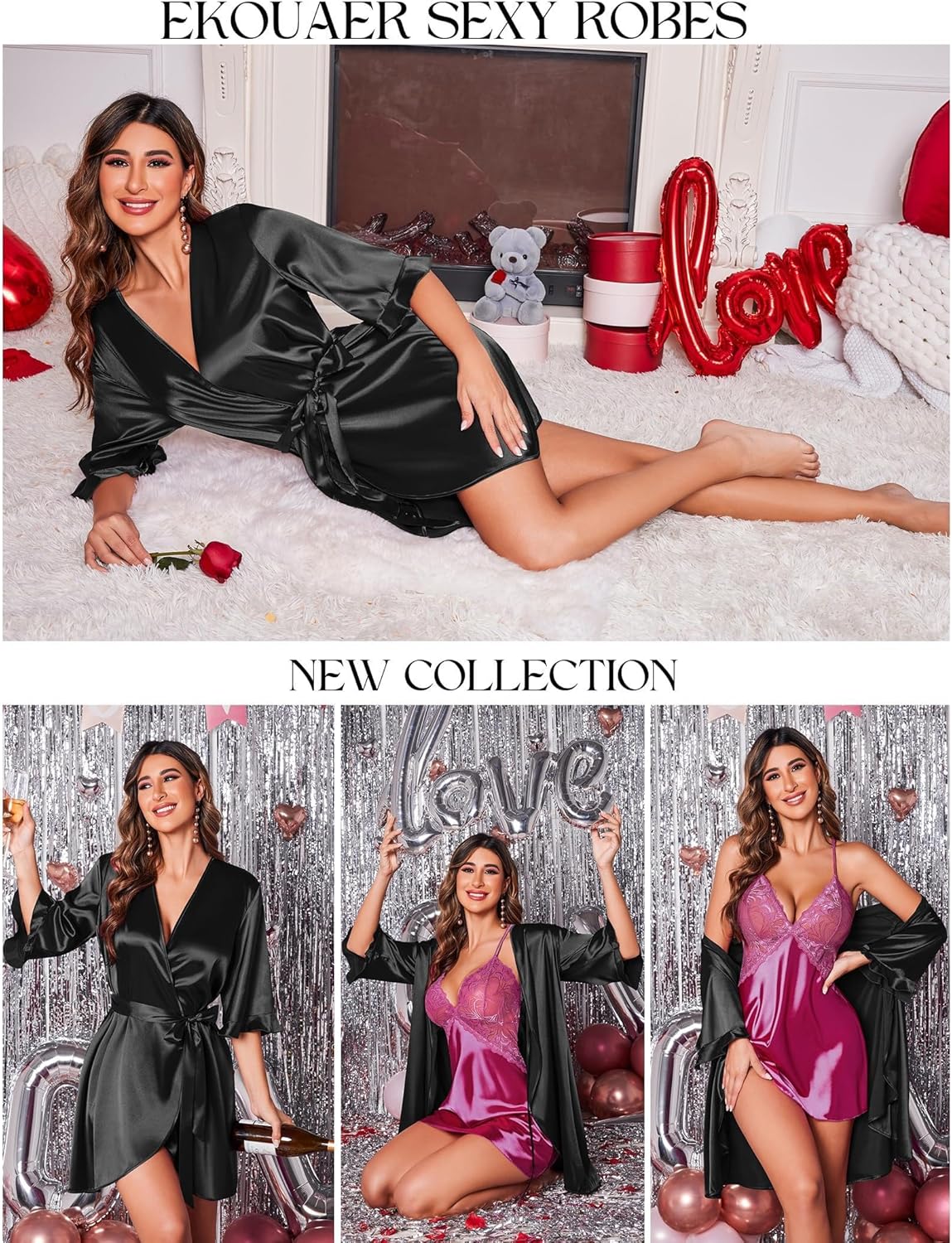 Ekouaer Women's Satin Robe Valentines Lingerie for Women Kimono Bathrobe Short Ruffle Belted Robes Bridesmaids Sleepwear - Image 4