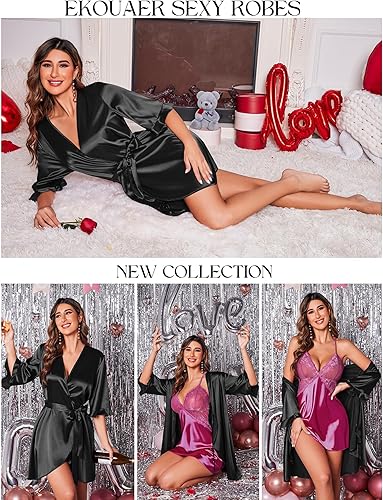 Miniatura 4 de Ekouaer Bata de satén para mujer, lencería de San Valentín para mujer, kimono, bata corta con volantes, cinturón, ropa de dormir para damas de honor