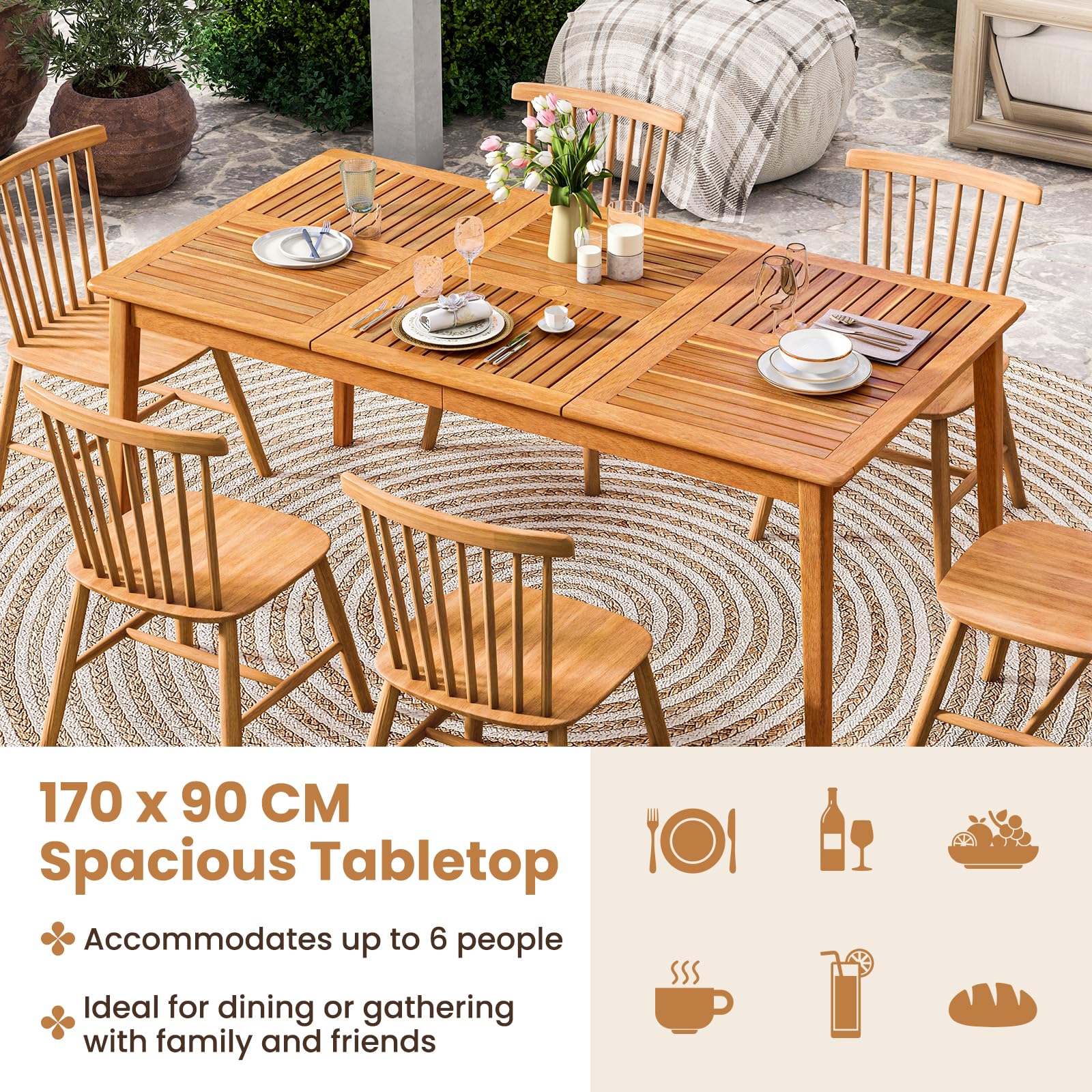 KOMFOTTEU Gartentisch mit 5 cm Schirmloch, Esstisch aus Akazienholz, Holztisch für 6 Personen, Terrassentisch für Garten, Hinterhof, Veranda (Modell 2)