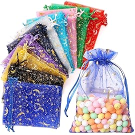 Hopttreely 100 Pieces Moon Star Organza Bags, Mixed Color 4x4.72(10X12CM) Satin Drawstring Organza Pouch Wedding Party Favor Gift Bag Jewelry Watch Bags