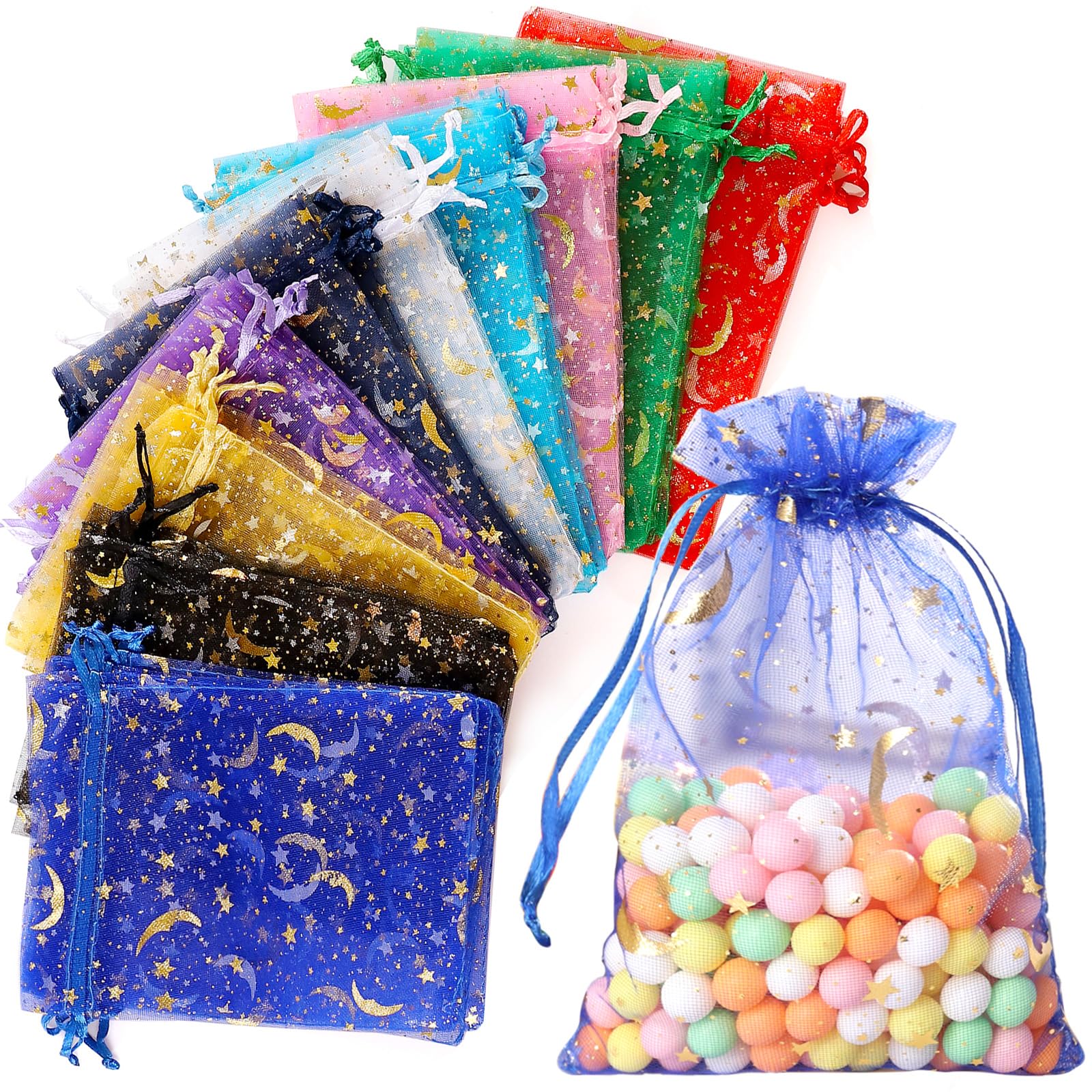 Hopttreely 100 Pieces Moon Star Organza Bags, Mixed Color 4x4.72(10X12CM) Satin Drawstring Organza Pouch Wedding Party Favor Gift Bag Jewelry Watch Bags
