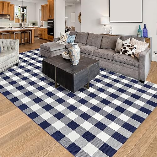 Miniatura 1 de Alfombra de cuadros de búfalo de 6 x 9 pies, alfombra de algodón a cuadros azul marino y blanco, tejida a mano, lavable para interiores y