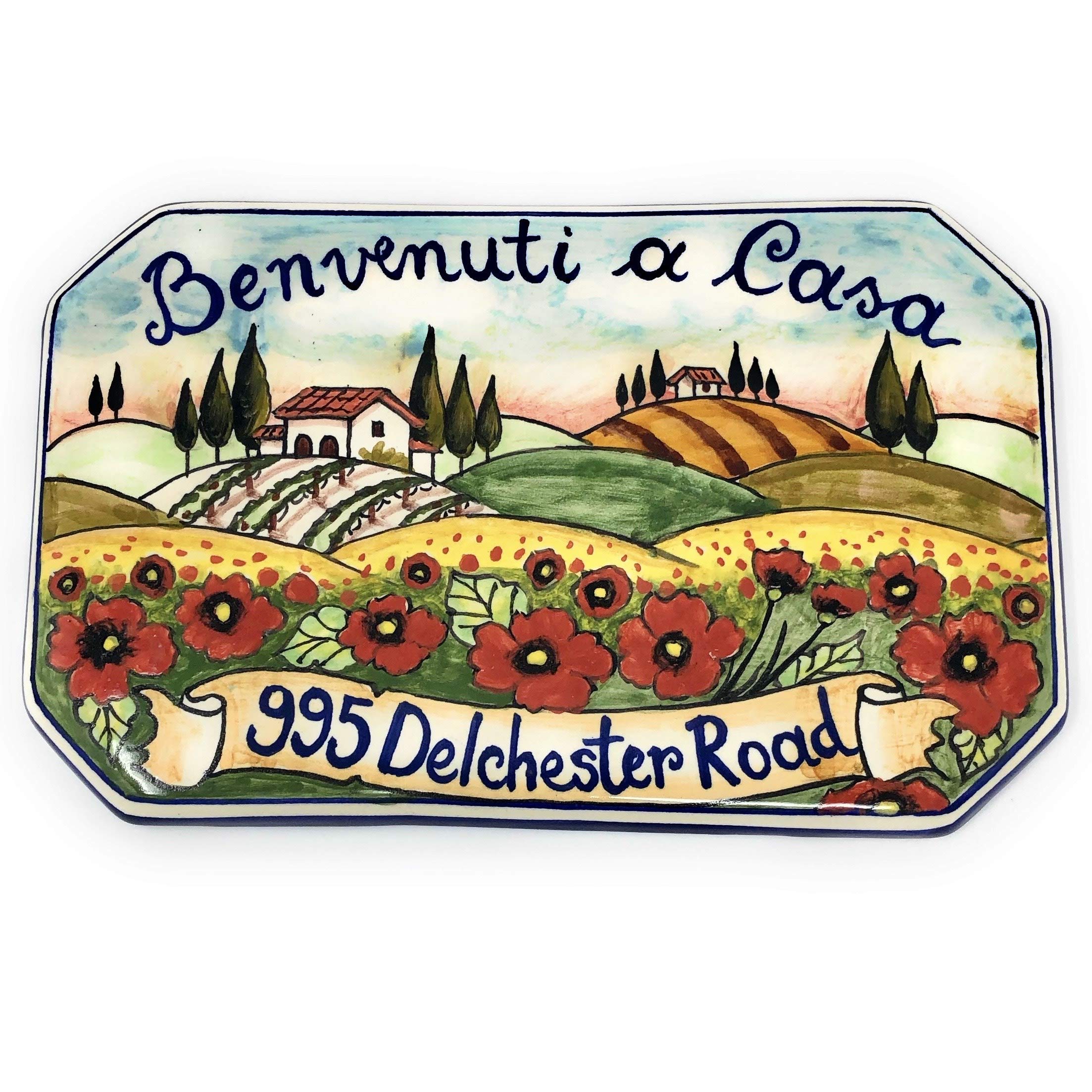 CERAMICHE D'ARTE PARRINI- Ceramica italiana artistica,numero civico in ceramica 20x13,numeri civici, personalizzato decorazione paesaggio toscano, fatta a mano made in ITALY Toscana