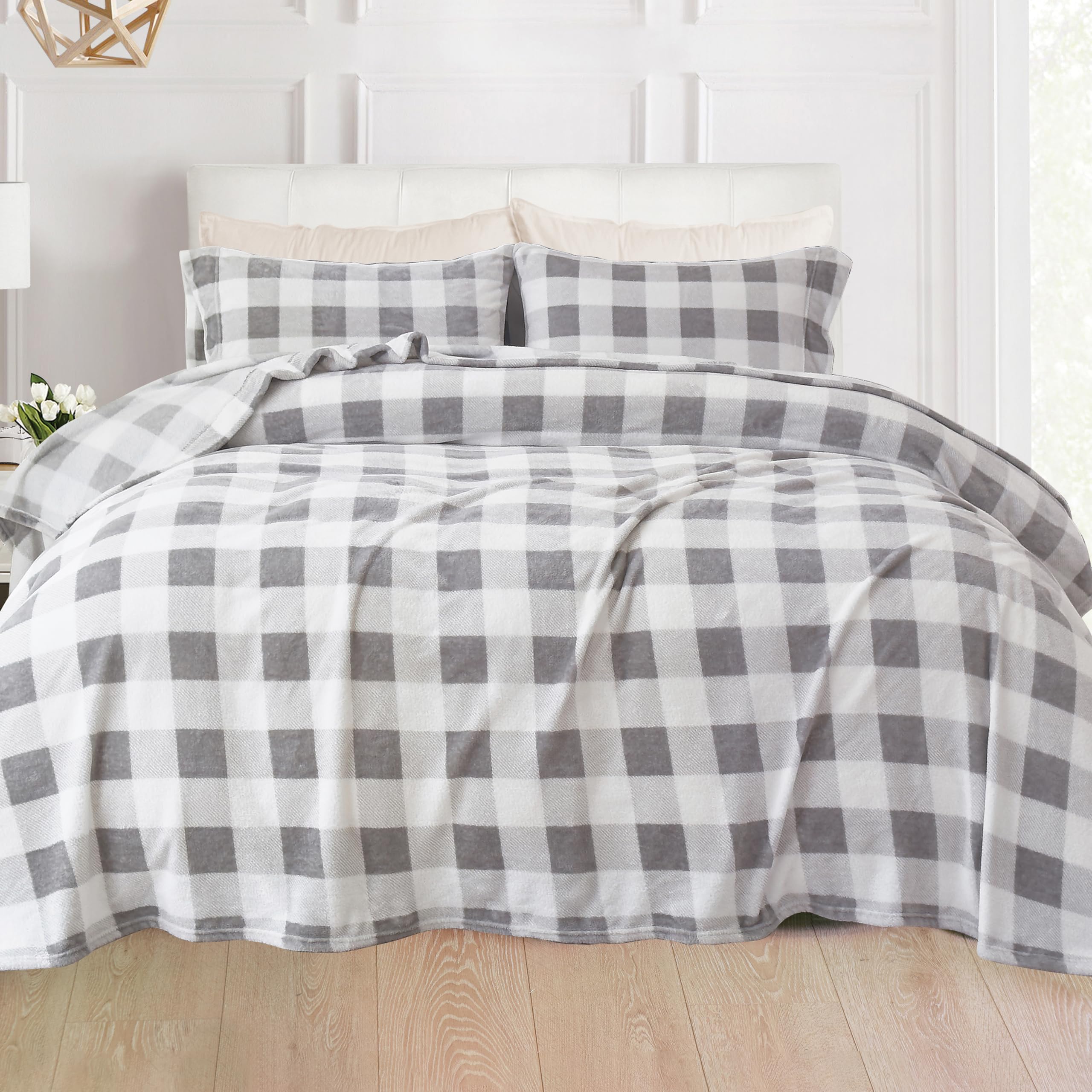 Parure De Lit 4 Pièces En Flanelle Velours Pelucheux – Double, Gris, Antistatique, Ne Bouloche Pas, Poche Profonde 43 Cm - 4