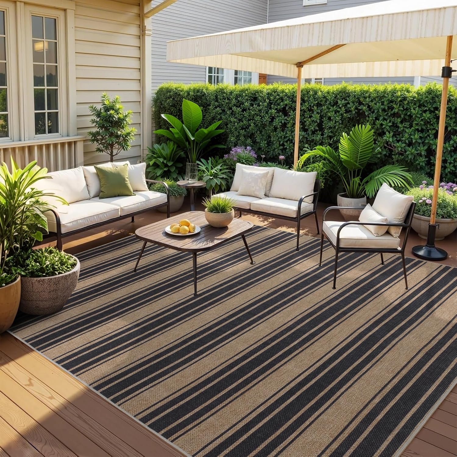 Striped Easy Jute Rug 6x9 Outdoor Rug Large Washable Rugs for Living Room Bedroom Non Slip Neutral Farmhouse Indoor Outdoor Carpet for Backyard Patio Office