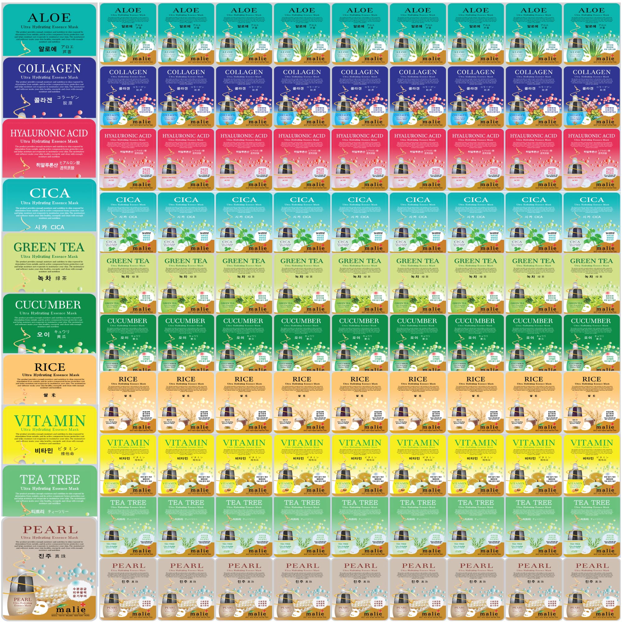 100 pcs Vegan Combo, Ultra Hydrating Essence Mask, Korean Facial Mask Sheet (10 x 10 Types), Made in Korea