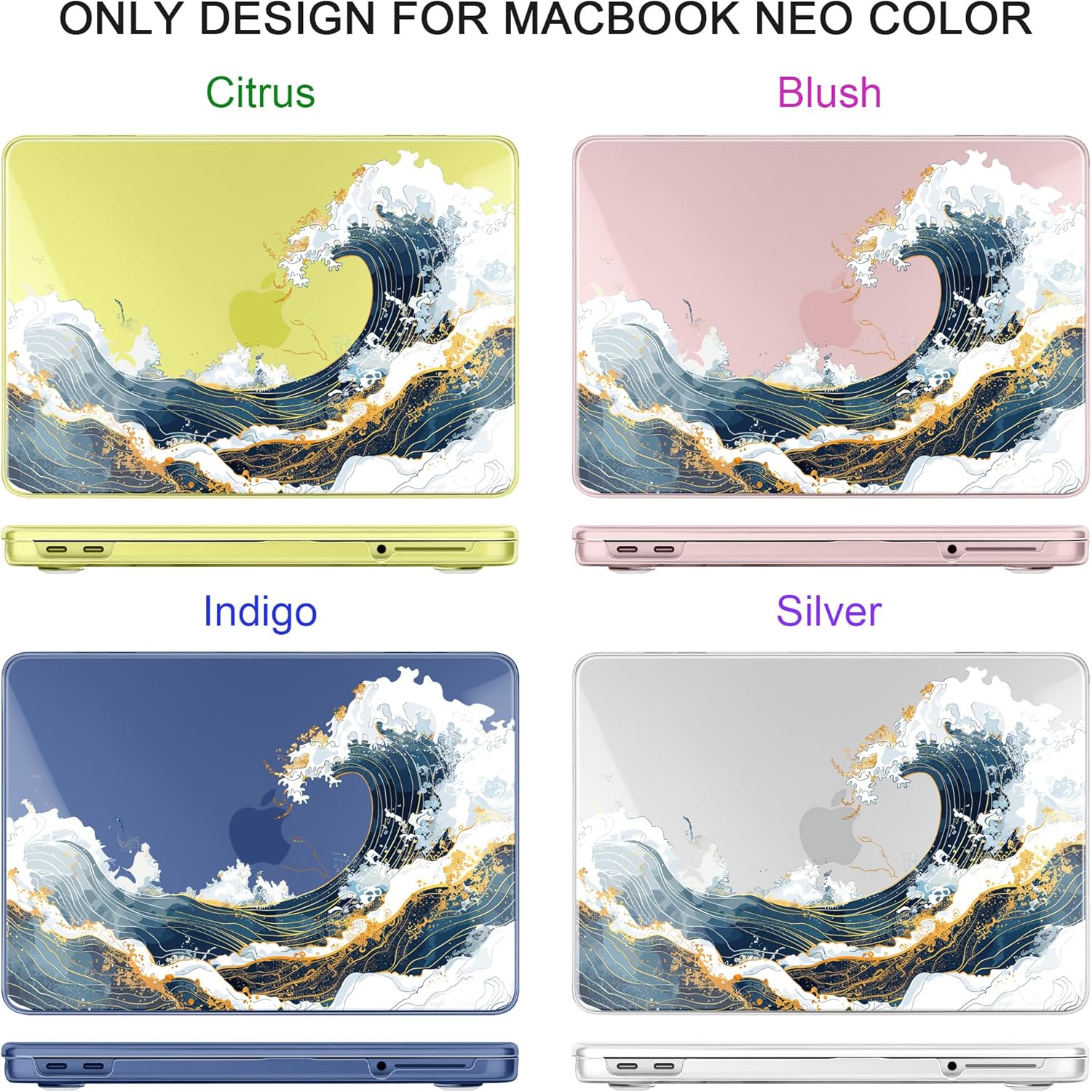 for MacBook Neo 13 inch Case 2026 (Model A3404, A18 Pro) Shockproof & Scratch-Resistant Hard Shell, Keyboard Cover, Trackpad Protector, 2 OTG Adapter, for Women Girly Cute, Wave Illus