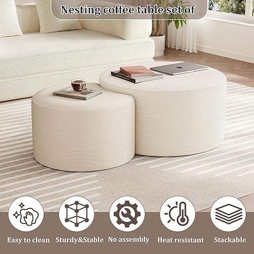 Miniatura 3 de Juego de 2 mesas auxiliares redondas, otomanas movibles para sofá modular de pana, mesa auxiliar redonda de espuma para sala de estar, juego de