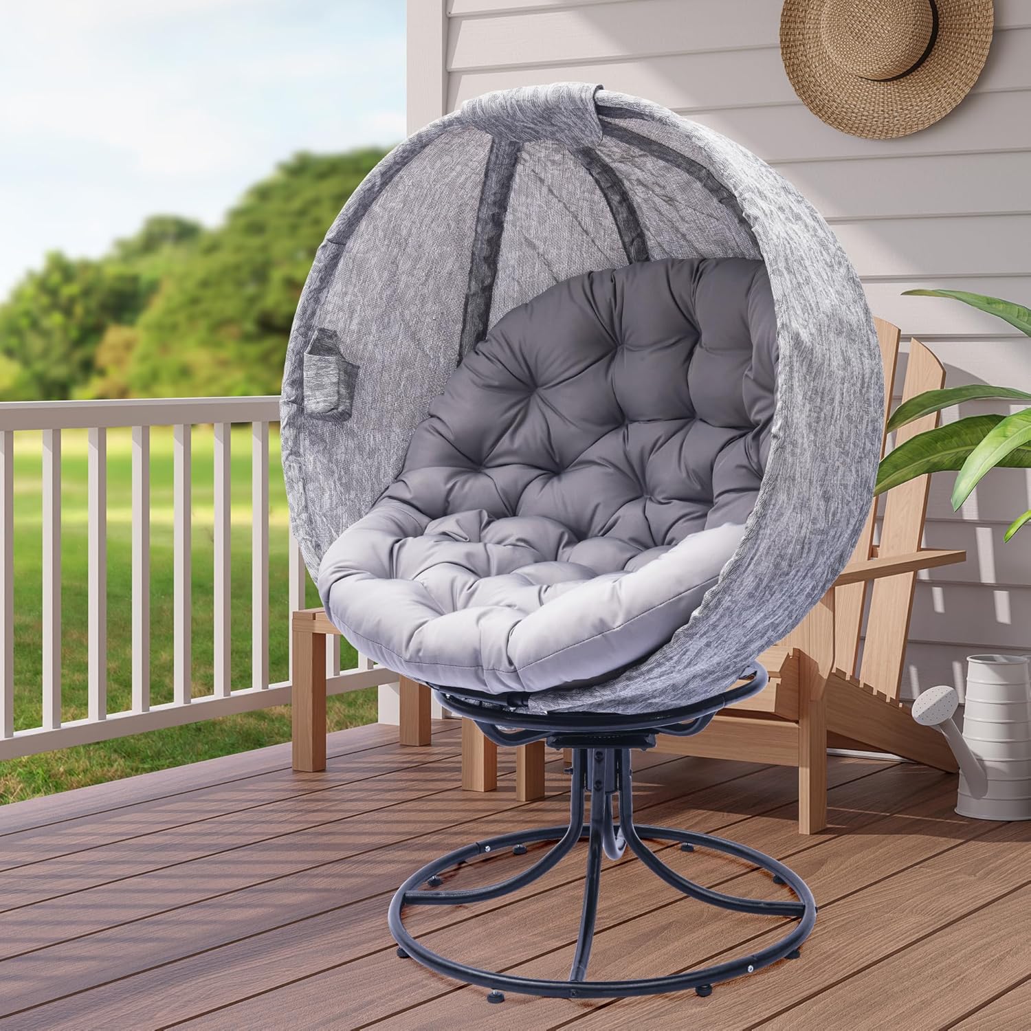Oversized 360 Swivel Egg Chair - Foldable Rattan Seat w/Cushions, Outdoor Indoor Lounge Chair for Patio, Pool, Balcony & Living Room (Small Leaf Jacquard Grey)