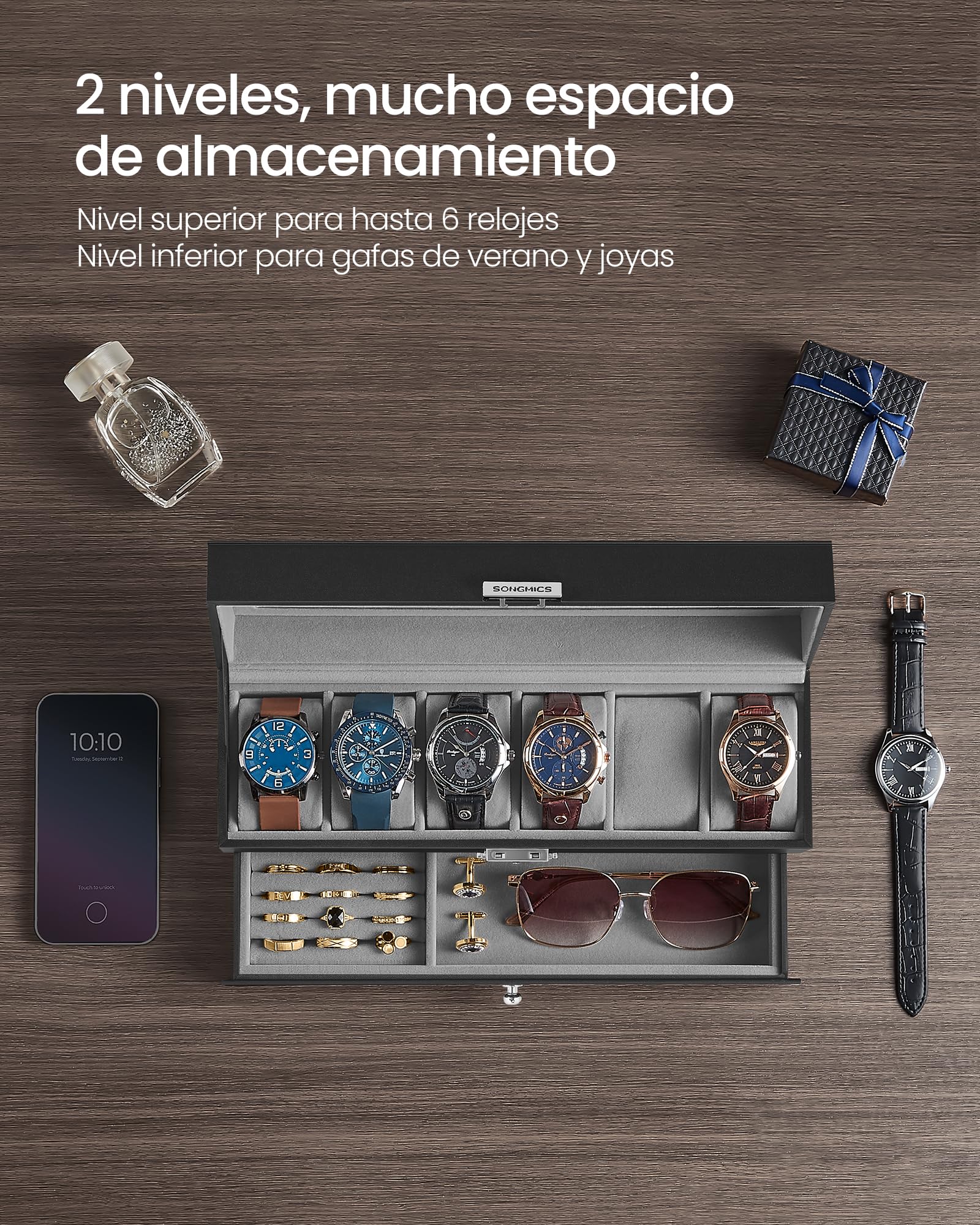 SONGMICS Caja de Reloj 2 Niveles para 6 Relojes, Estuche con Tapa de Cristal y Cerradura, PU Negro