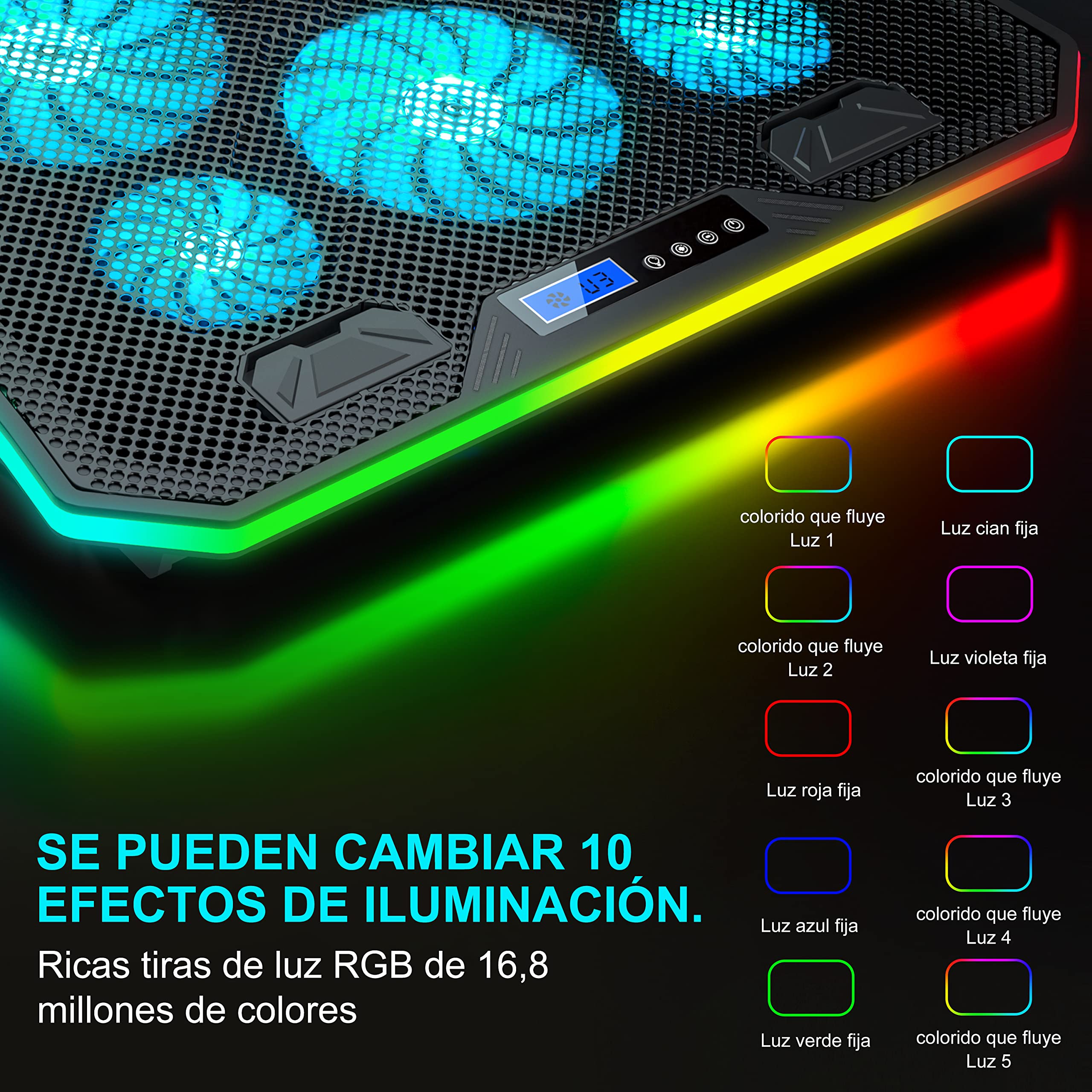 TopMate C12 Base Refrigeradora Portatil Gaming RGB para Escritorio y Regazo, Refrigeración para Portátiles de 15,6-17,3", 8 Alturas Ajustables con 6 Ventiladores y Soporte Teléfono-Luz LED Azul Hielo