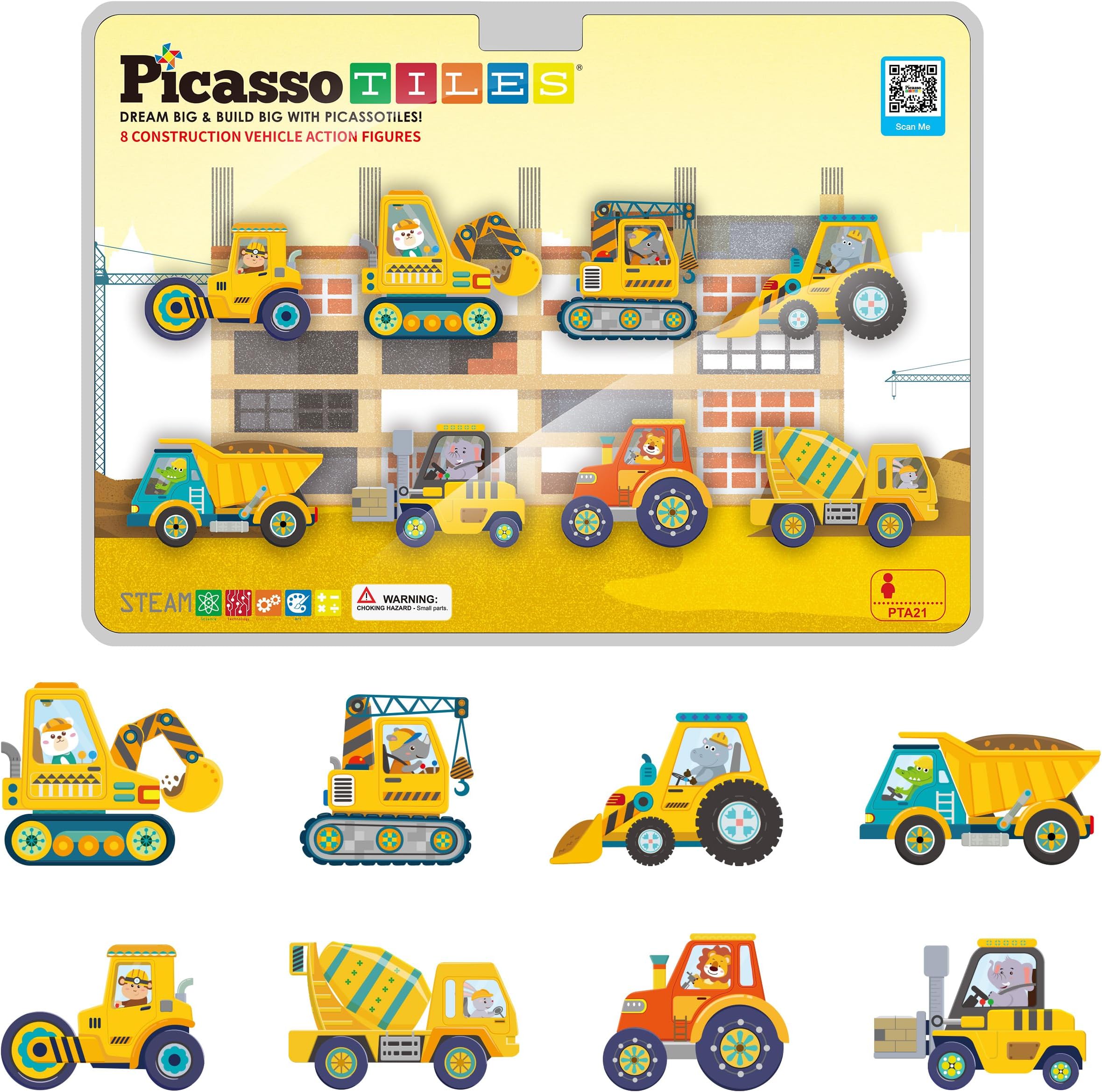 PicassoTiles 8pc Magnet Building Tile Blocks Addon 8 Magnetized Action Figures Construction Vehicle Zoo Animal Theme Compatible with Magnetic Build Tiles Playset STEM Learning Girls Boys Ages 3+ PTA21