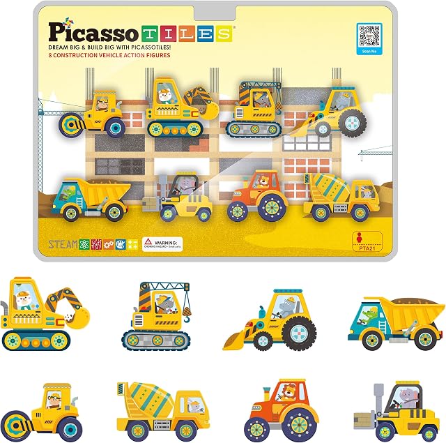 PicassoTiles 8pc Blocs de tuiles de construction d'aimant Addon 8 Chiffres d'action magnétisés Construction véhicule Zoo Animal Thème Compatible avec Magnetic Build Tiles Playset STEM Apprentissage Filles Garçons Âge 3+ PTA21