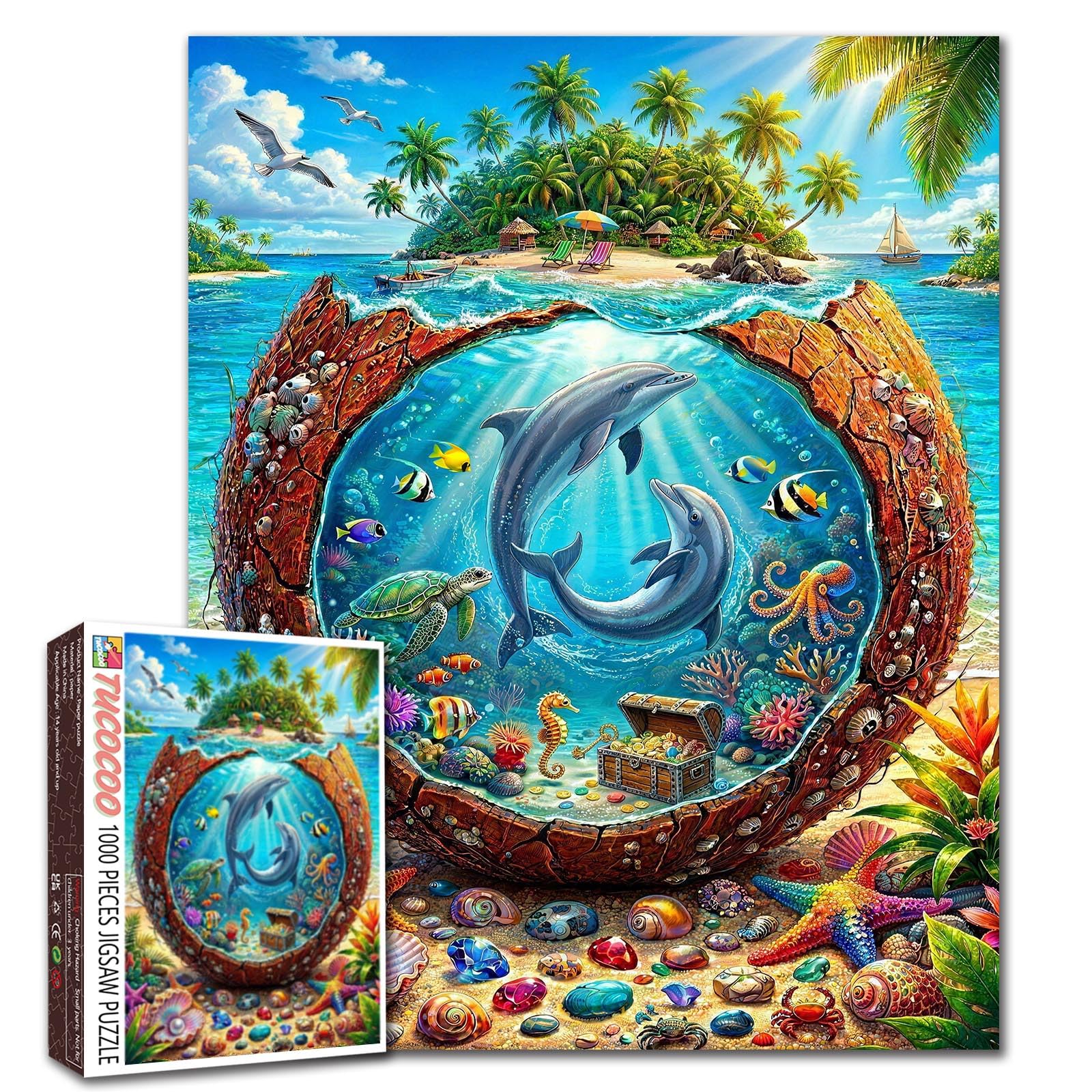 1000 Piece Jigsaw Puzzle for Adults Colorful Dolphin Ocean World Puzzle Tropical Island Scene Underwater Sea Life Artwork Landscape Relaxing Puzzles Challenging Fun Activity Game Gift Home Decor