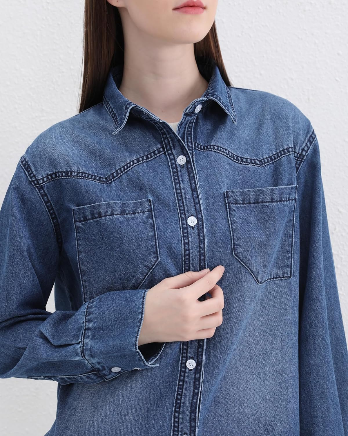 Women's Denim Button Down Shirts Oversized Long Sleeve Double Pocket Jean Shirt - Image 5