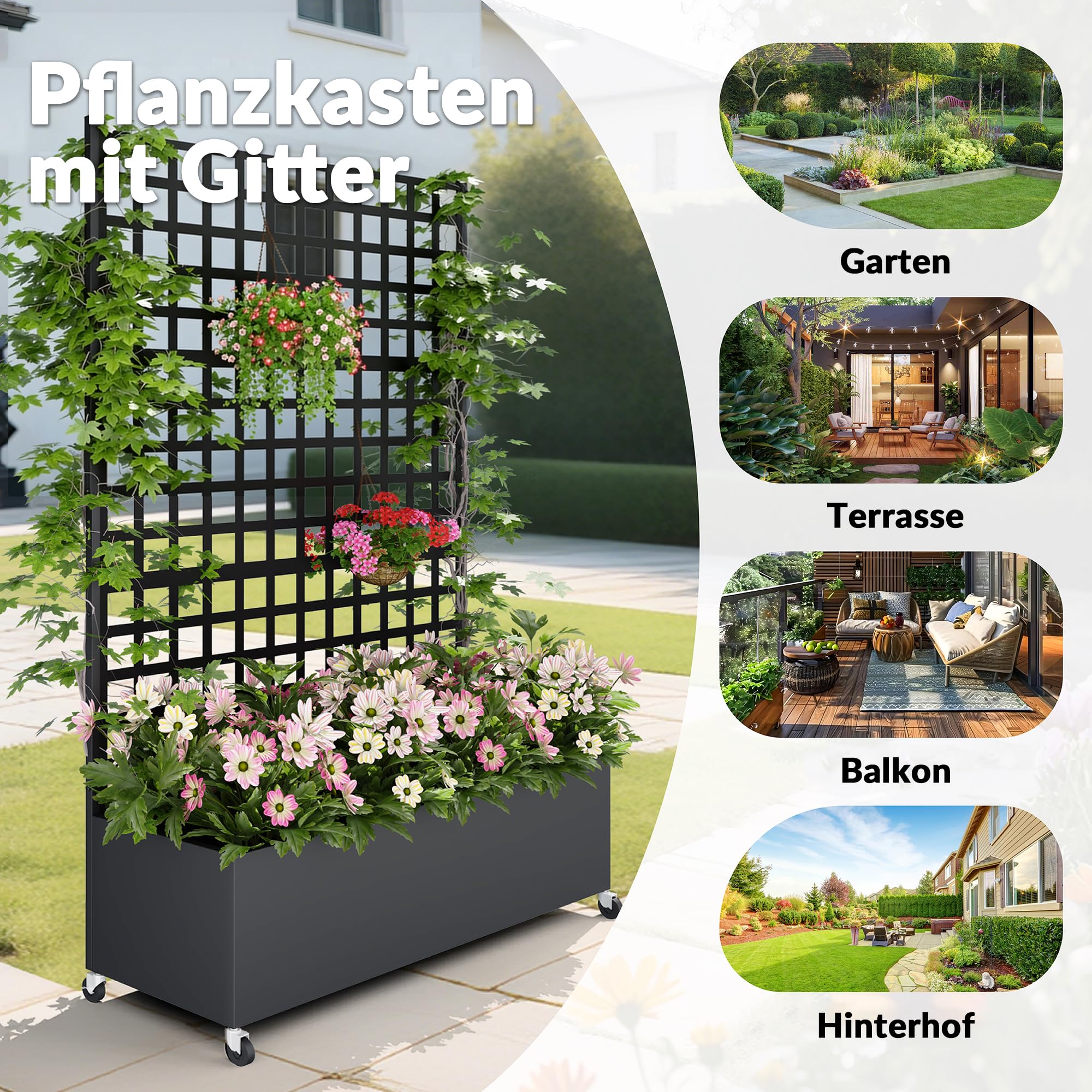 Hochbeet mit Sichtschutz 33cm tief | Metall Pflanzkasten mit Rankgitter & Rollen, wetterfest rostfrei, freistehend für Blumen, Kletterpflanzen, Tomaten, Garten Balkon Terrasse Privatsphäre(2 Stücke)