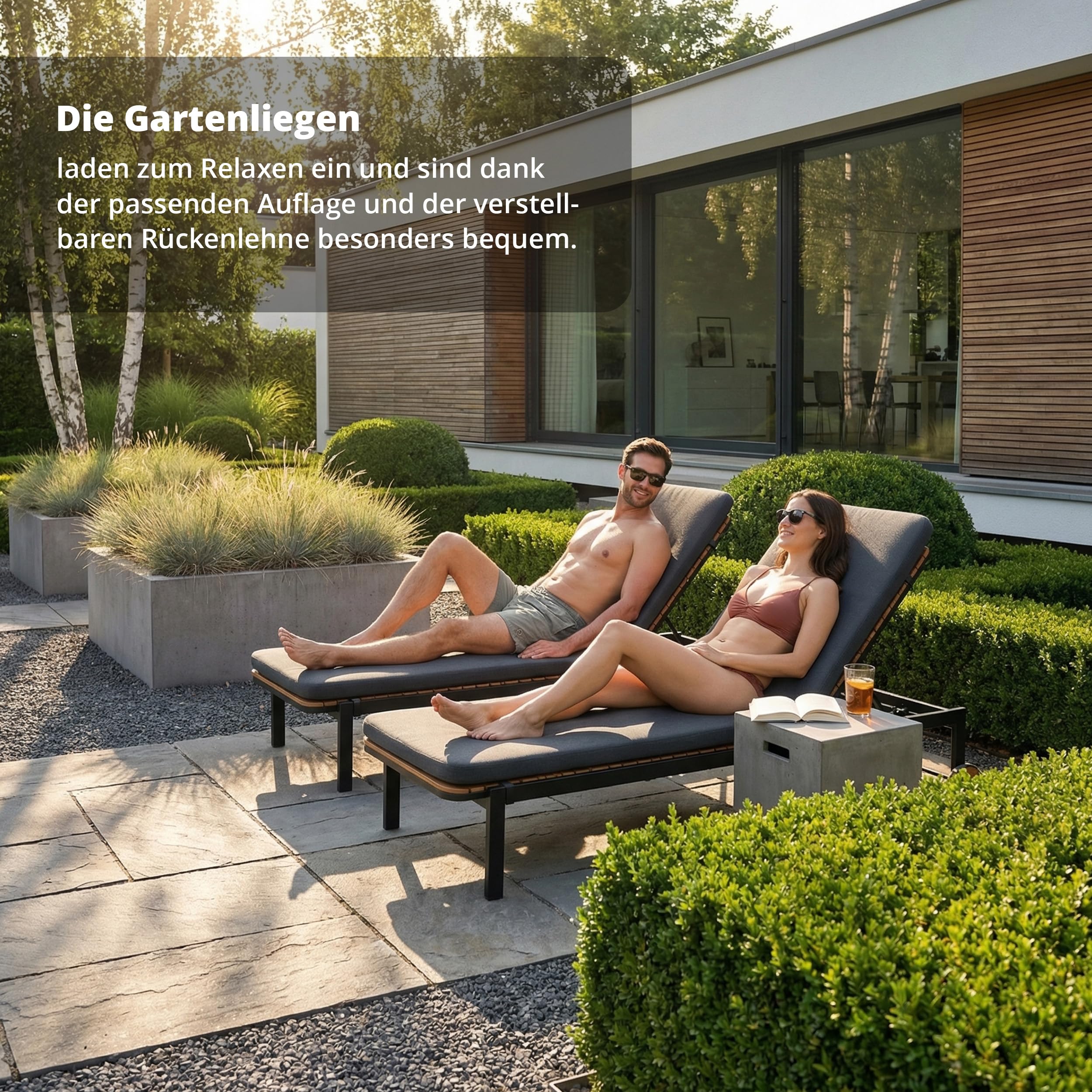 KHG Sdraio da giardino con cuscino, grigio scuro, con ruote, per balcone, terrazza o giardino, con schienale regolabile, struttura in alluminio, superficie di appoggio in acacia, resistente alle