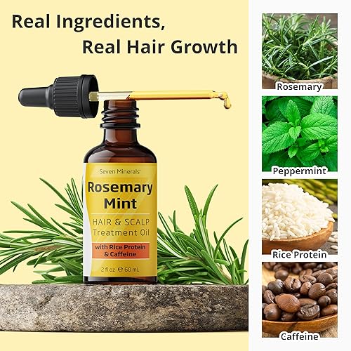 Miniatura 8 de Seven Minerals, Aceite de romero para el crecimiento del cabello, infundido con proteína de arroz, cafeína, menta y aceites naturales para