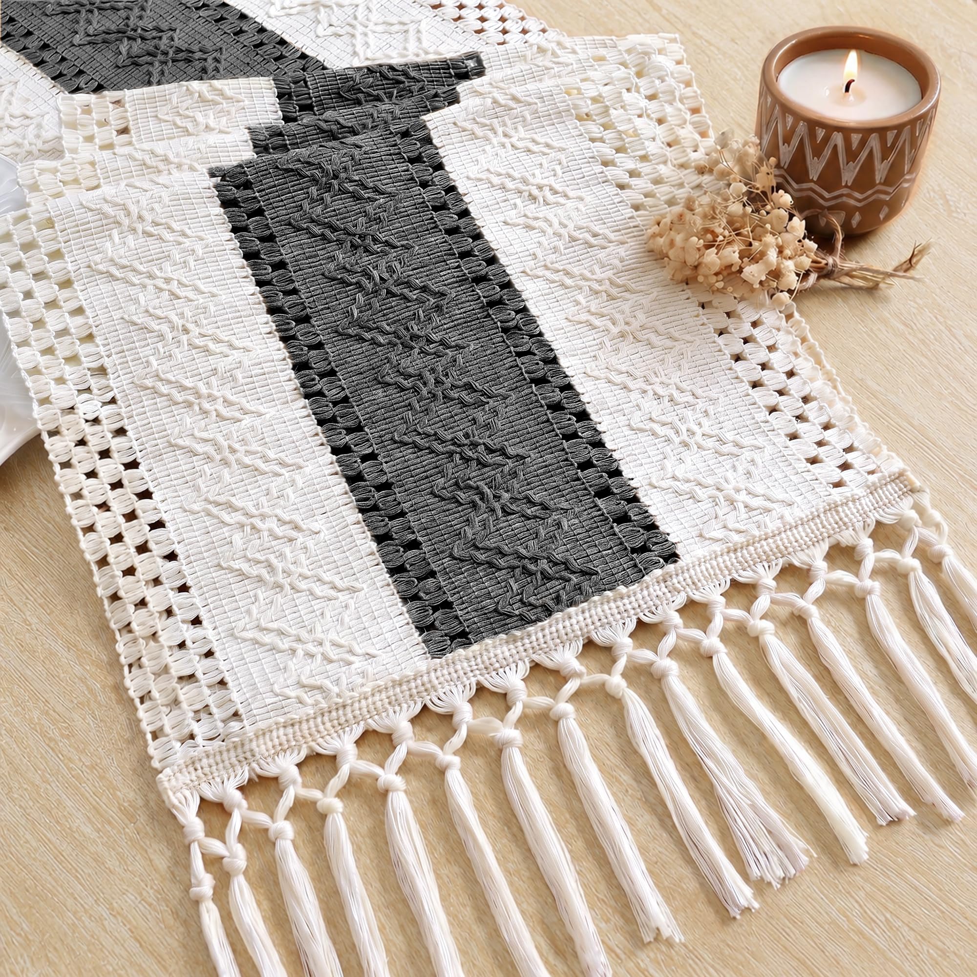 FEXIA Boho Table Runner with Tassels for Home Decor 12x72 Inches Grey